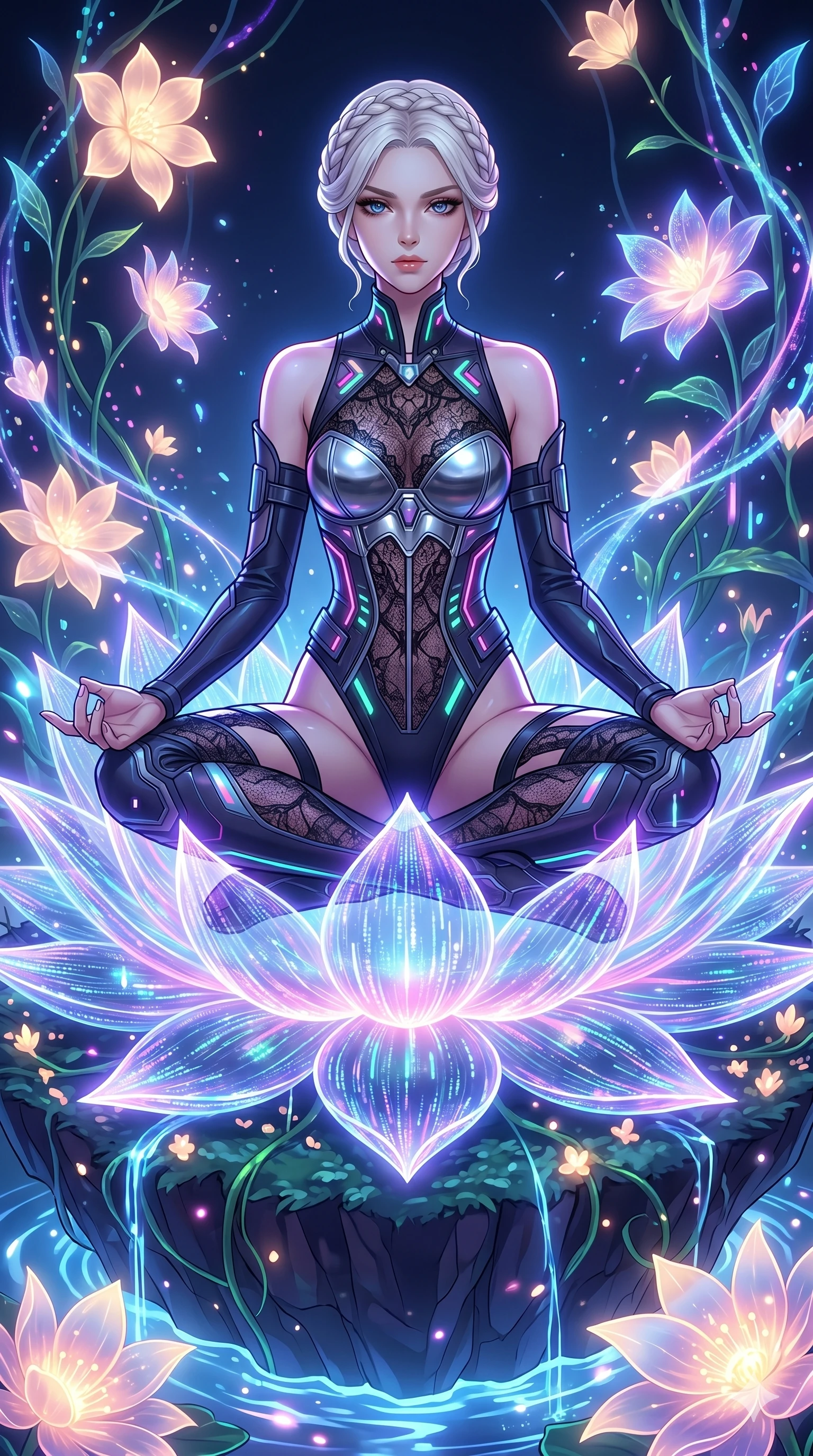 score_9, masterpiece, best quality, ultra-detailed, High-budget Anime Keyframe, vibrant colors, fluid line-art, expressive lighting, cinematic composition, Ufotable-style visual effects, top-tier animation quality, Caucasian woman with pale skin and refined features. Upper body close-up from the thighs up, character filling the screen for maximum presence. Meditating atop a massive digital lotus blossom that floats on a pond of liquid light. She has an absolutely perfect 8-heads proportion, an exceptionally tall and slender female figure with impossibly long slender legs and an ultra-slim waist, her statuesque height and towering silhouette dominating the vertical 9:16 frame. Her face is a masterpiece featuring a sharp v-shaped jawline, high-bridge nose, intricate jewel-like eyes with depth, thick eyelashes, and glossy lips with a natural sheen. She is wearing a Asymmetrical high-cut tech-bodysuit with detached sleeves, chrome-plated corset over sheer lace, and neon-lit tactical gear with suggestive cutouts.. The scene is set in a floating island covered in giant glowing flowers and vines of pure energy. 2k, ultra detail, master piece, 9:16 ratio