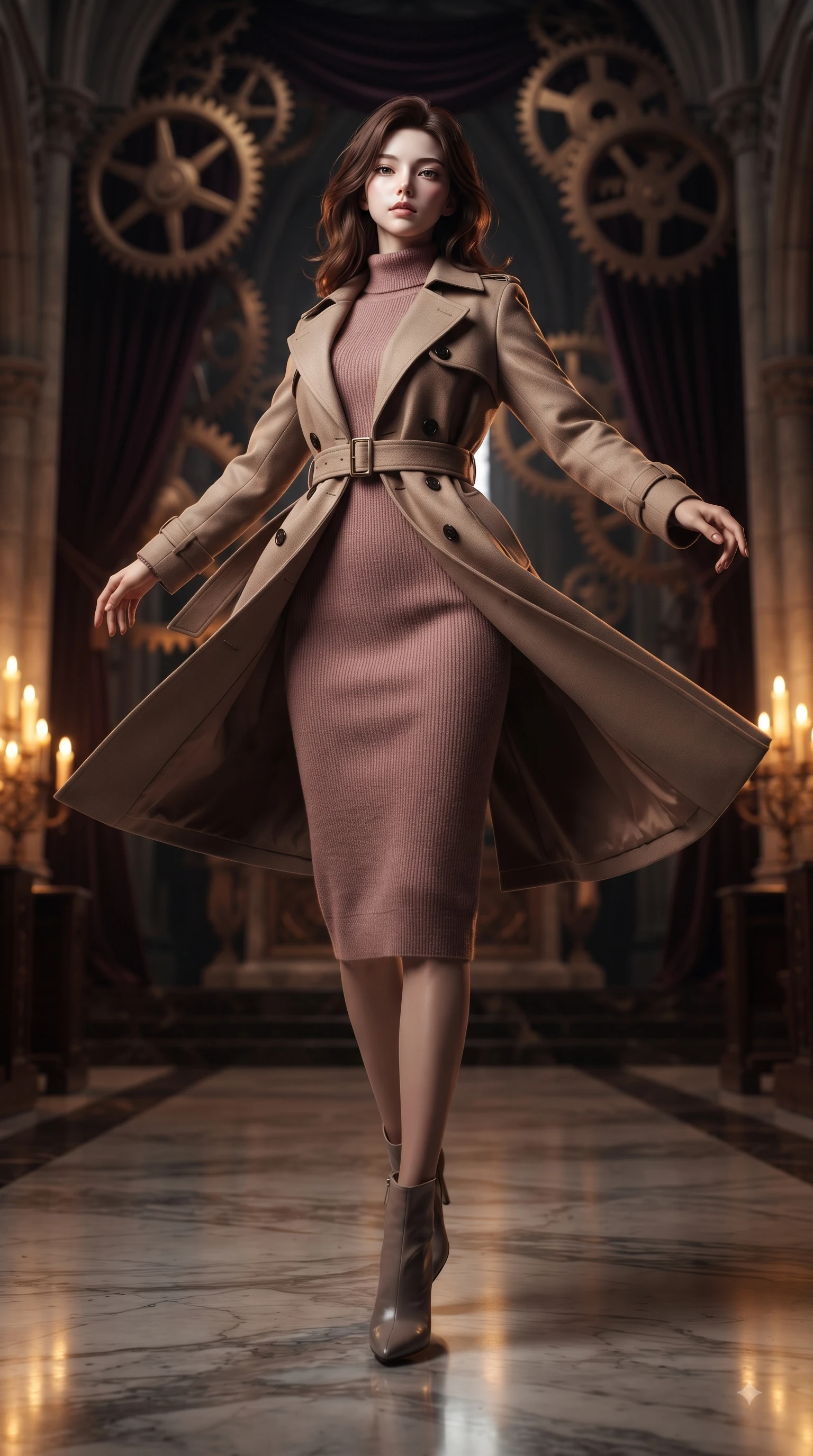 score_9, masterpiece, best quality, ultra-detailed, high-budget anime keyframe, editorial fashion photography, tasteful artistic composition, Korean woman woman. low angle full-body shot from head to toe showing her feet, filling the entire 9:16 vertical frame with her statuesque presence, stretching her vertical silhouette. She has an absolutely perfect, statuesque 8.5-heads proportion, an exceptionally tall and slender model-like female figure with impossibly long slender legs and an ultra-slim waist. mid-air spin above the reflective floor, maintaining an athletic and perfectly balanced poise, flawlessly proportioned anatomical accuracy, natural body alignment, perfectly sculpted elegant limbs, clean dynamic posture without body distortion. set against a soft-focus background of a high space cathedral nave with rotating bronze gears and velvet drapes. wearing a classic tailored trench coat over a high-neck dusty rose knit midi dress. bathed in dramatic chiaroscuro key light with flickering golden candlelight. ultra-reflective glossy finish, specular highlights, metallic sheen, high-contrast stereoscopic depth, volumetric dynamic lighting, 2k, ultra detail, master piece, 9:16 ratio