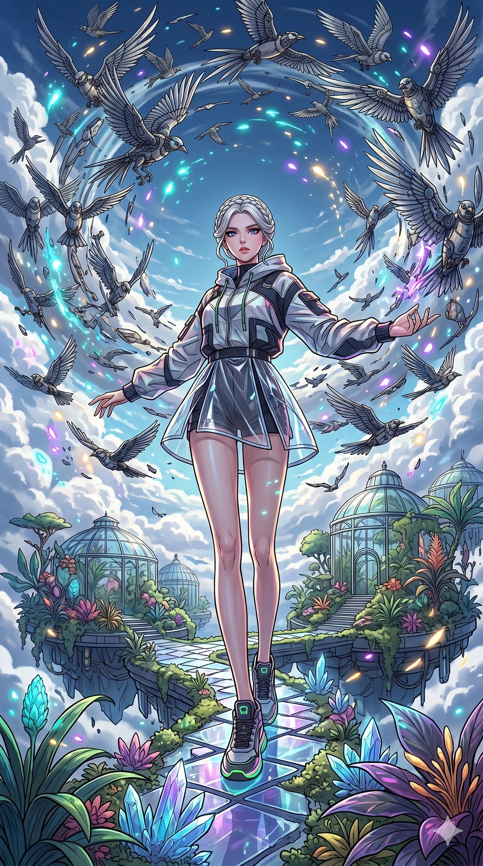 score_9, masterpiece, best quality, ultra-detailed, Set A: High-budget Anime Keyframe, Korean woman. Low angle cowboy shot filling the entire 9:16 frame with her statuesque presence. Standing victoriously through a floating botanical garden, surrounded by a whirlwind of 212 mechanical birds and surrounded by glowing energy sparks. She has an absolutely perfect 8-heads proportion, an exceptionally tall and slender female figure with impossibly long slender legs and an ultra-slim waist. Sharp v-shaped jawline, high-bridge nose, intricate jewel-like eyes with depth, thick eyelashes, glossy lips with a natural sheen. Wearing Streetwear tech-hoodie with a transparent PVC skirt and neon sneakers. Cinematic lighting, vibrant colors, dramatic shadows, 2k, ultra detail, master piece, 9:16 ratio