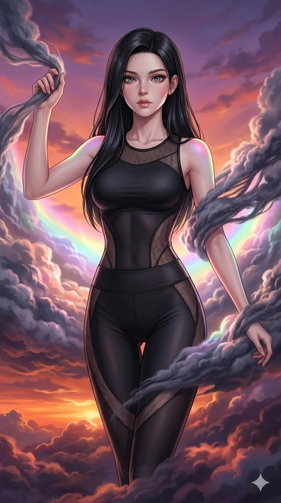 score_9, masterpiece, best quality, ultra-detailed, high-budget anime keyframe, Caucasian woman, strictly human ears. upper body close-up from the thighs up, character filling the screen for maximum presence. threading through a volumetric cloud weav
