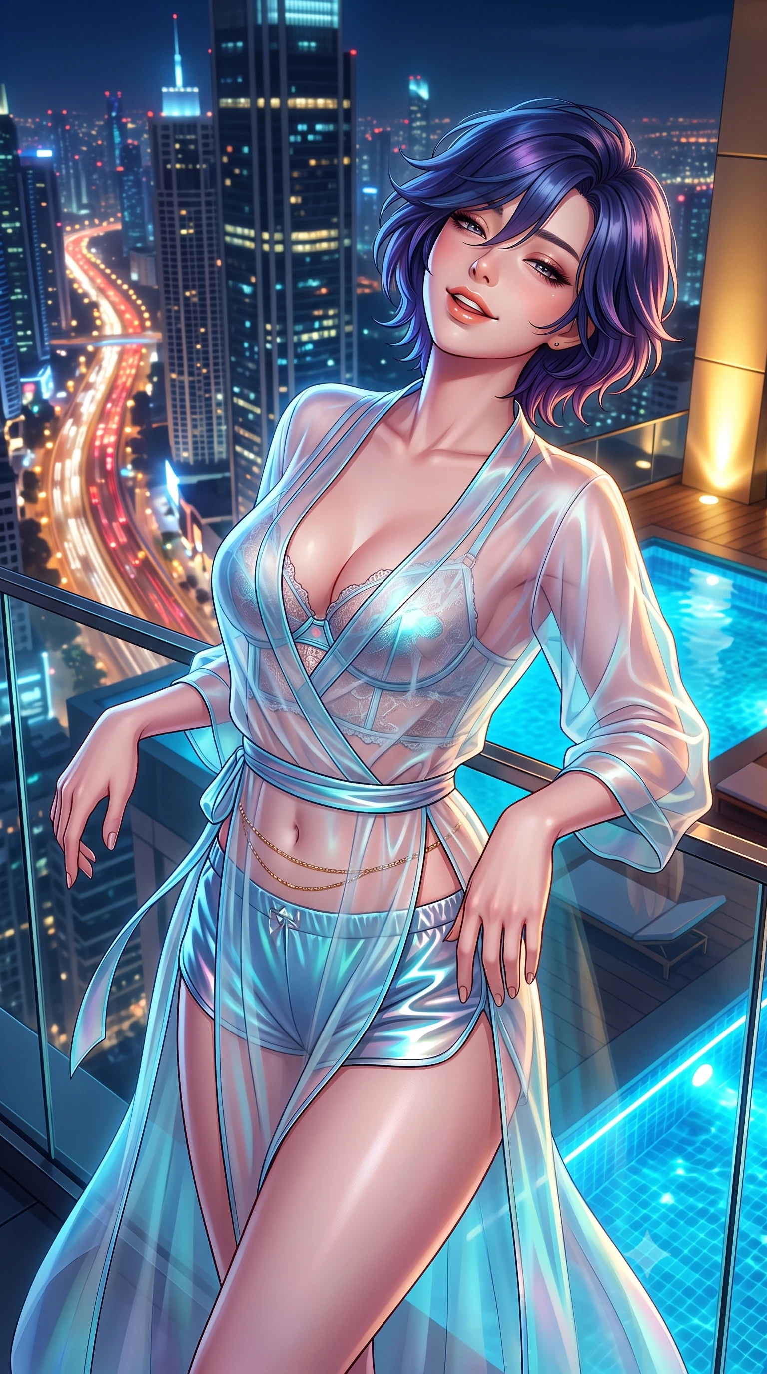 score_9, masterpiece, best quality, ultra-detailed, high-budget anime keyframe, semi-realistic 3D game render, editorial fashion photography, tasteful artistic composition, Korean woman. close-up cowboy shot from the waist and thighs up, the character dominates the composition, filling the frame with her large presence. leaning back against the balustrade with relaxed seductive grace, head tilted back slightly while casting a hypnotic, heavy-lidded gaze while leaning against the frameless glass railing with hips cocked back, looking down at illuminated traffic ribbons with heavy-lidded bedroom-eyes. The surrounding environment is rendered in vivid detail and crisp panoramic clarity: detailed provocative sheer silk organza modern qipao dress, high-cut side slits, and mega-skyscraper engineering in high resolution. She has an exceptionally elegant, slender, and willowy female figure with an ultra-slim waist, flat toned midriff, narrow ribcage, and sculpted feminine hips creating an alluring, slim hourglass silhouette without bulk. sharp v-shaped jawline, high-bridge nose, intricate jewel-like sparkling eyes with depth, thick eyelashes, glossy parted lips with a natural peach sheen, bright cheerful beaming smile with an enchanting and coquettish sensual glint, exuding both youthful cute charm and seductive allure, flawlessly proportioned anatomical accuracy, strict slender model proportions, natural body alignment, perfectly sculpted long slender limbs, ultra-slim waistline, clean dynamic posture without body distortion. wearing a delicate translucent silk organza wrap robe worn loose over a sheer lace demi-bustier and satin tap pants in Neo-Carthage holographic cyan and solar chrome, made of sheer gossamer chiffon that drapes softly against skin with airy translucence, accented with a dainty gold belly chain resting across her flat midriff and curving hips, the high-slit wrap tailoring accentuating her ultra-slim waistline and the enchanting curve of her feminine hips with alluring seductive charm. bathed in electric underwater pool LEDs contrasted with warm golden skyscraper architectural floodlights. highly saturated vibrant anime colors, detailed shading with soft gradients, rich glossy textures, high-contrast stereoscopic depth, volumetric dynamic lighting, master piece, 9:16 ratio