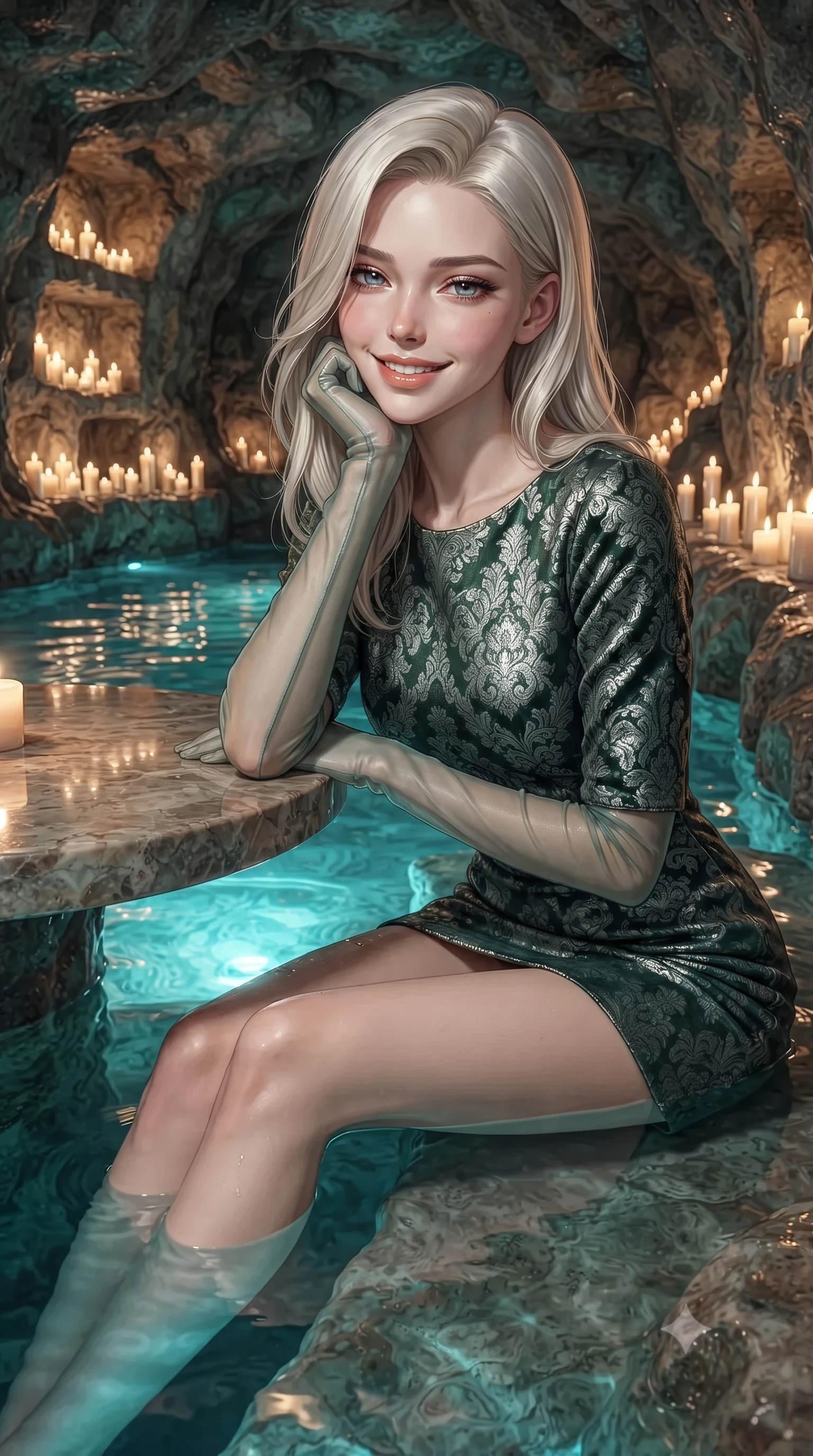 score_9, masterpiece, best quality, ultra-detailed, high-budget anime keyframe, editorial fashion photography, tasteful artistic composition, Caucasian woman. close-up cowboy shot from the waist and thighs up, the character dominates the composition, filling the frame with her large presence. resting one elbow on the table and supporting her chin, leaning close to the camera with heavy-lidded sparkling eyes and parted lips while sitting gracefully on the pool steps with water lapping at her waist and legs extended, flashing a radiant, playful smile with parted glossy lips. The surrounding environment is rendered in vivid detail and crisp panoramic clarity: detailed garment cut, wet cling or bodycon lines, and bespoke subterranean craft in razor-sharp precision. She has an exceptionally elegant, slender, and willowy female figure with an ultra-slim waist, flat toned midriff, narrow ribcage, and sculpted feminine hips creating an alluring, slim hourglass silhouette without bulk. sharp v-shaped jawline, high-bridge nose, intricate jewel-like sparkling eyes with depth, thick eyelashes, glossy parted lips with a natural peach sheen, bright cheerful beaming smile with an enchanting and coquettish sensual glint, exuding both youthful cute charm and seductive allure, flawlessly proportioned anatomical accuracy, strict slender model proportions, natural body alignment, perfectly sculpted long slender limbs, ultra-slim waistline, clean dynamic posture without body distortion. wearing an aristocratic French Normandy jacquard brocade shift dress with bracelet sleeves in Loch Ness deep peat moss green and silver starlight, tailored from ultra-plush silk velvet with rich tactile depth and deep shadow gradients, complemented by sheer opera-length evening gloves tracing her slender arms, the bespoke structured tailoring following the natural line of her 8.5-heads silhouette with refined elegance. bathed in underwater pool turquoise LEDs combined with hundreds of warm 2200K wax candle flames lining cave niches. ultra-reflective glossy finish, specular highlights, rich textural contrasts, high-contrast stereoscopic depth, volumetric dynamic lighting, 2k, ultra detail, master piece, 9:16 ratio