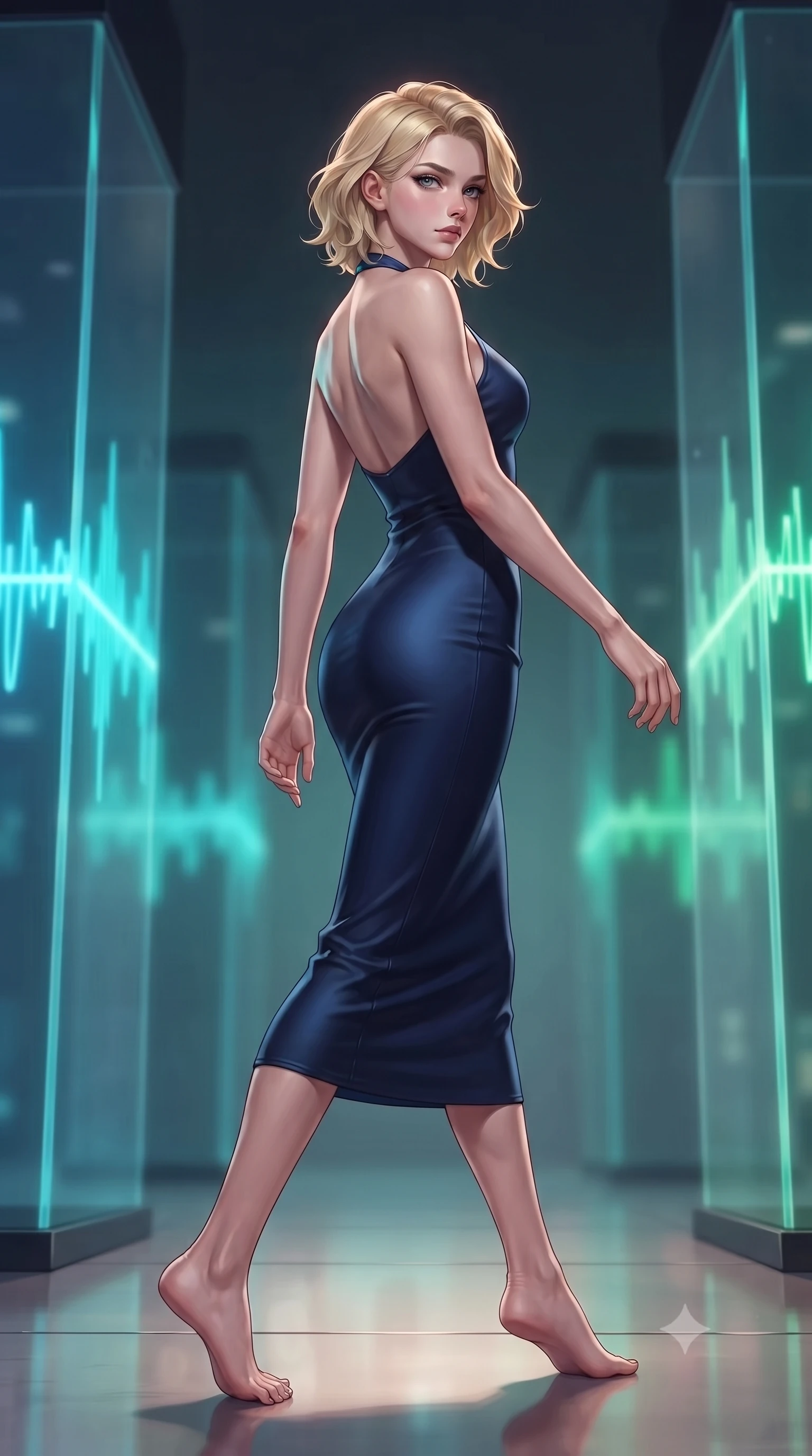 score_9, masterpiece, best quality, ultra-detailed, high-budget anime keyframe, editorial fashion photography, tasteful artistic composition, Caucasian woman. low angle full-body shot from head to toe showing her feet, filling the entire 9:16 vertical frame with her statuesque presence, stretching her vertical silhouette. stepping gracefully while looking back over her shoulder, her dress draped tightly to reveal her silhouette the background shows a soft-focus a secret database chamber with geometric glass columns emitting digital pulse waves. She has an absolutely perfect, statuesque 8.5-heads proportion, an exceptionally tall and slender model-like female figure with impossibly long slender legs and an ultra-slim waist. sharp v-shaped jawline, high-bridge nose, intricate jewel-like eyes with depth, thick eyelashes, glossy lips with a natural sheen. wearing a body-hugging form-fitting halter dress in deep navy blue, contouring her athletic, slender build. rhythmic cyan and emerald light pulses reflecting off her silhouette. highly saturated vibrant anime colors, detailed shading with soft gradients, rich glossy textures, high-contrast stereoscopic depth, volumetric dynamic lighting, master piece, 9:16 ratio