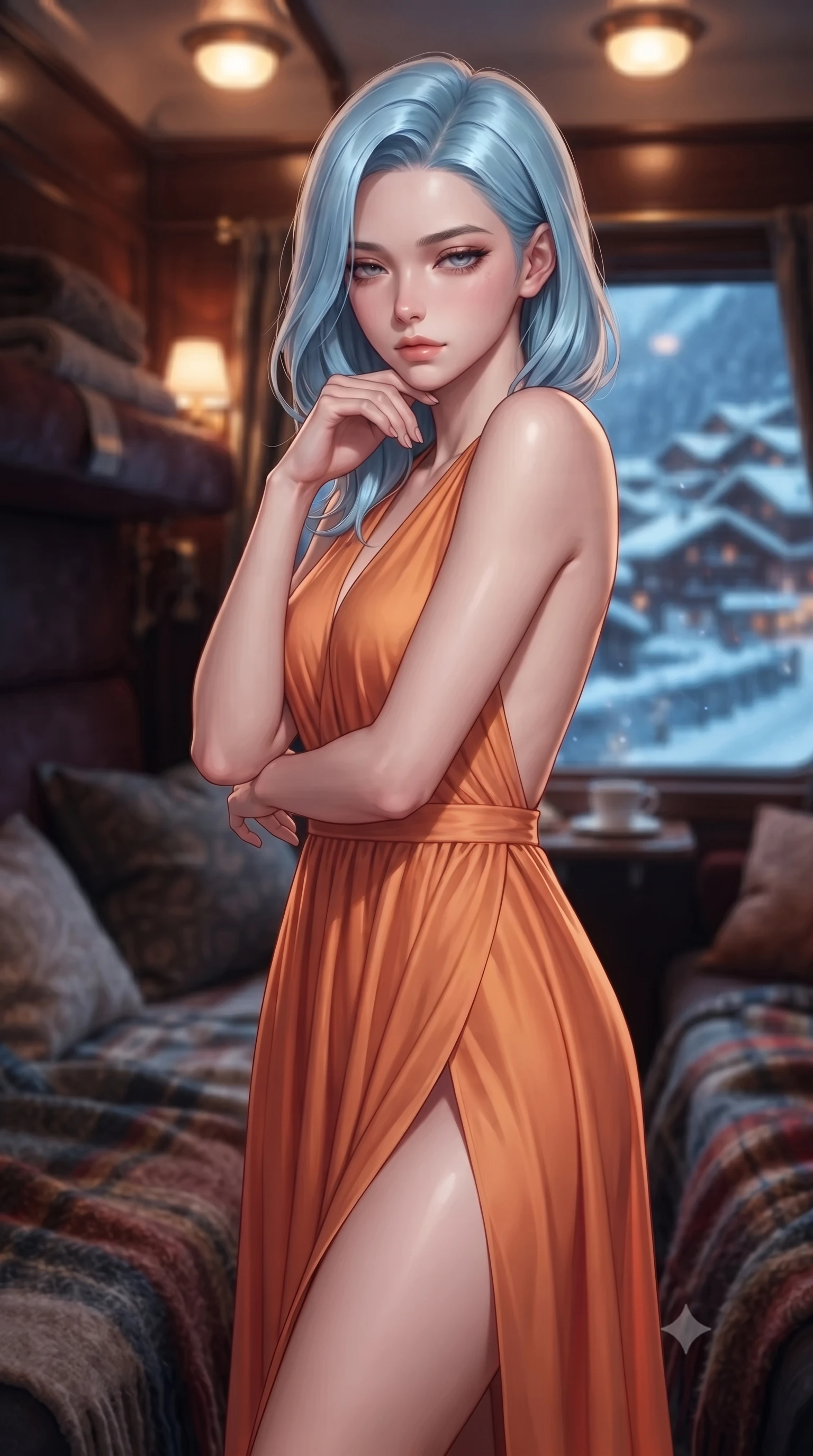 score_9, masterpiece, best quality, ultra-detailed, high-budget anime keyframe, editorial fashion photography, tasteful artistic composition, Korean woman. close-up cowboy shot from the waist and thighs up, the character dominates the composition, filling the frame with her large presence, background elements kept in soft focus. resting her chin on the backs of her fingers, casting a heavy-lidded, sultry look past the camera the background shows a soft-focus a cozy train compartment with woolen blankets and a view of a snowy alpine village. She has an exceptionally elegant, slender, and willowy female figure with an ultra-slim waist, a gracefully sculpted slender torso, and a refined silhouette. sharp v-shaped jawline, high-bridge nose, intricate jewel-like eyes with depth, thick eyelashes, glossy lips with a natural sheen. wearing a tailored high-slit resort gown in sunset orange chiffon, featuring a daring thigh-slit and open back. warm glowing ceiling lights contrasting with the cool blue snow reflections. ultra-reflective glossy finish, specular highlights, metallic sheen, high-contrast stereoscopic depth, volumetric dynamic lighting, 2k, ultra detail, master piece, 9:16 ratio