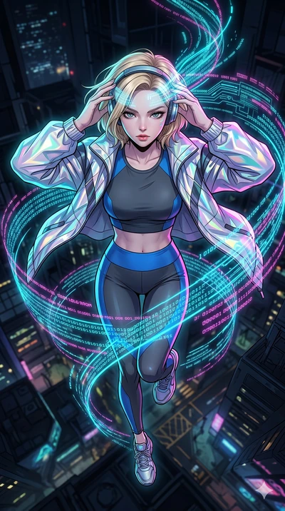 score_9, masterpiece, best quality, ultra-detailed, high-budget anime movie keyframe, cinematic anime lighting, intricate line art, Korean woman. Extreme high angle shot as she leaps towards the camera, filling the frame. adjusting a neural-link head
