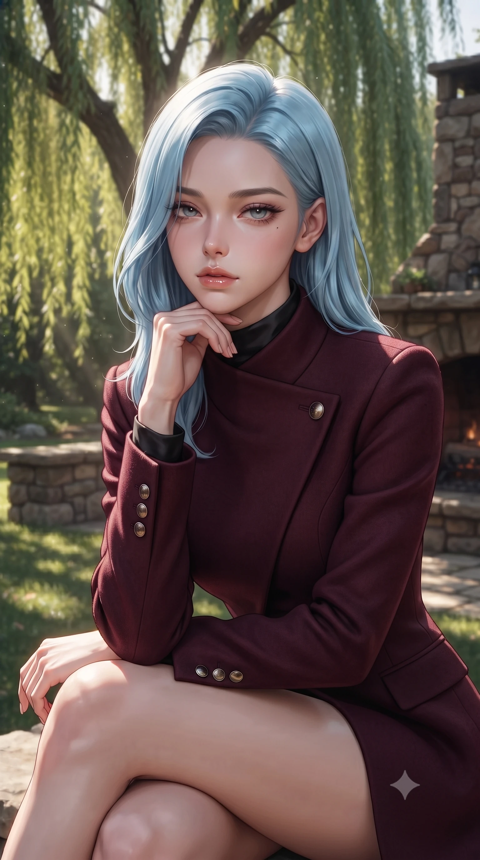 score_9, masterpiece, best quality, ultra-detailed, high-budget anime keyframe, editorial fashion photography, tasteful artistic composition, Korean woman. close-up cowboy shot from the waist and thighs up, the character dominates the composition, filling the frame with her large presence, background elements kept in soft focus. resting her chin on the backs of her fingers, casting a heavy-lidded, sultry look past the camera the background shows a soft-focus a rustic stone fireplace deck under a large weeping willow tree in a private park. She has an exceptionally elegant, slender, and willowy female figure with an ultra-slim waist, a gracefully sculpted slender torso, and a refined silhouette. sharp v-shaped jawline, high-bridge nose, intricate jewel-like eyes with depth, thick eyelashes, glossy lips with a natural sheen. wearing a form-contouring tailored asymmetric jacket in deep burgundy wool with a high wrap collar, over a black silk mock-neck blouse. dappled sunbeams filtering through the willow leaves onto the grass. ultra-reflective glossy finish, specular highlights, metallic sheen, high-contrast stereoscopic depth, volumetric dynamic lighting, 2k, ultra detail, master piece, 9:16 ratio