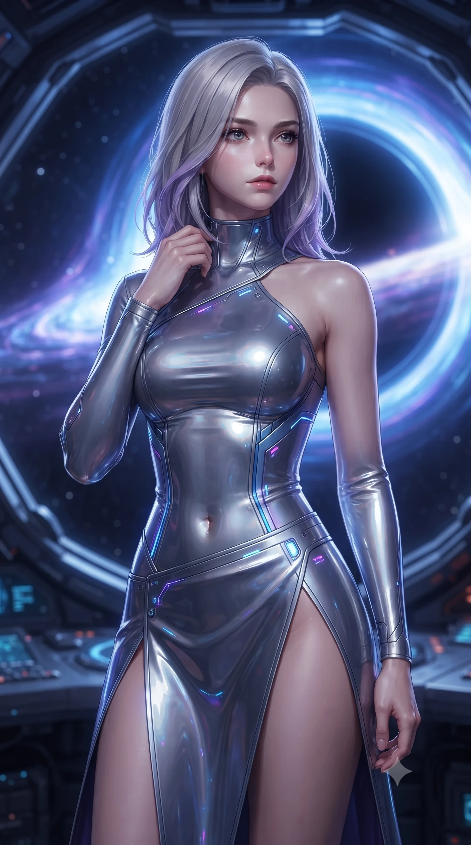 score_9, masterpiece, best quality, ultra-detailed, high-budget anime keyframe, editorial fashion photography, tasteful artistic composition, Caucasian woman. close-up cowboy shot from the waist and thighs up, the character dominates the composition, filling the frame with her large presence, background elements kept in soft focus. adjusting the high collar of her body-hugging suit, looking past the camera with quiet, sharp focus and a composed expression, the background shows a soft-focus a citadel cockpit window view facing a black hole singularity in deep space. She has an exceptionally elegant, slender, and willowy female figure with an ultra-slim waist, a gracefully sculpted slender torso, and a refined silhouette. sharp v-shaped jawline, high-bridge nose, intricate jewel-like eyes with depth, thick eyelashes, glossy lips with a natural sheen. wearing a body-hugging asymmetric one-shoulder nanotech bodice paired with a daring high-slit tactical utility wrap skirt. intense blue and violet light ripples from the singularity casting reflections. ultra-reflective glossy finish, specular highlights, metallic sheen, high-contrast stereoscopic depth, volumetric dynamic lighting, 2k, ultra detail, master piece, 9:16 ratio