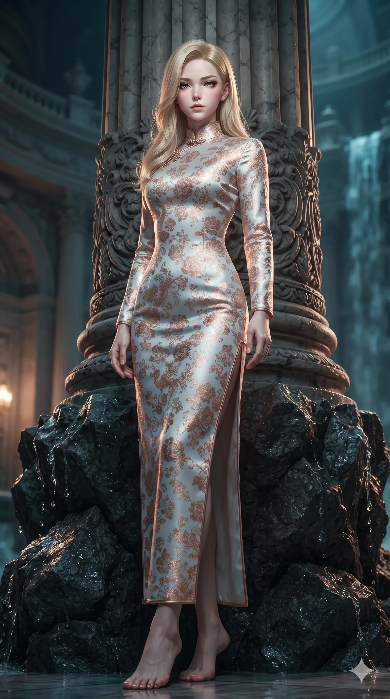 score_9, masterpiece, best quality, ultra-detailed, high-budget anime keyframe, editorial fashion photography, tasteful artistic composition, Korean woman. low angle full-body shot from head to toe showing her feet, filling the entire 9:16 vertical frame with her statuesque presence, stretching her vertical silhouette. standing tall beside the carved palazzo column, one hand resting high while arching her lower back to emphasize her sculpted feminine hips and slender waist while reclining on the submerged marble daybed with one knee bent, looking back over her shoulder with an intoxicating smoldering bedroom-gaze. The surrounding environment is rendered in vivid detail and crisp panoramic clarity: sharp textured volcanic basalt rock edges, glistening water droplets on polished stone, and crisp skyline spires in deep focus. She has an exceptionally tall and slender model-like 8.5-heads proportion, an ultra-slim waist, a flat toned midriff, narrow delicate ribcage, and beautifully sculpted feminine hips creating a graceful, slim hourglass silhouette without any bulky heaviness, with impossibly long slender legs. sharp v-shaped jawline, high-bridge nose, intricate jewel-like sparkling eyes with depth, thick eyelashes, glossy parted lips with a natural sheen, intensely captivating and seductive bedroom-eyes expression, exuding both youthful cute charm and sovereign luxury allure, flawlessly proportioned anatomical accuracy, strict slender model proportions, natural body alignment, perfectly sculpted long slender limbs, ultra-slim waistline, clean dynamic posture without body distortion. wearing a prestigious high-neck long-sleeve silk cheongsam evening gown with modest silhouette and embroidered floral crests in celestial porcelain white and rose-gold, tailored from heavy double-faced silk georgette with an exceptionally fluid drape, complemented by strappy stiletto sandals with metallic ankle wraps accentuating her slender calves, the impeccably tailored cut draping gracefully along her slender figure with aristocratic poise. illuminated by water surface ripple reflections and sharp turquoise-amber rim lights carving her sculpted collarbones, ultra-slim waist, and curvy hips. ultra-reflective glossy finish, specular highlights, rich textural contrasts, high-contrast stereoscopic depth, volumetric dynamic lighting, 2k, ultra detail, master piece, 9:16 ratio