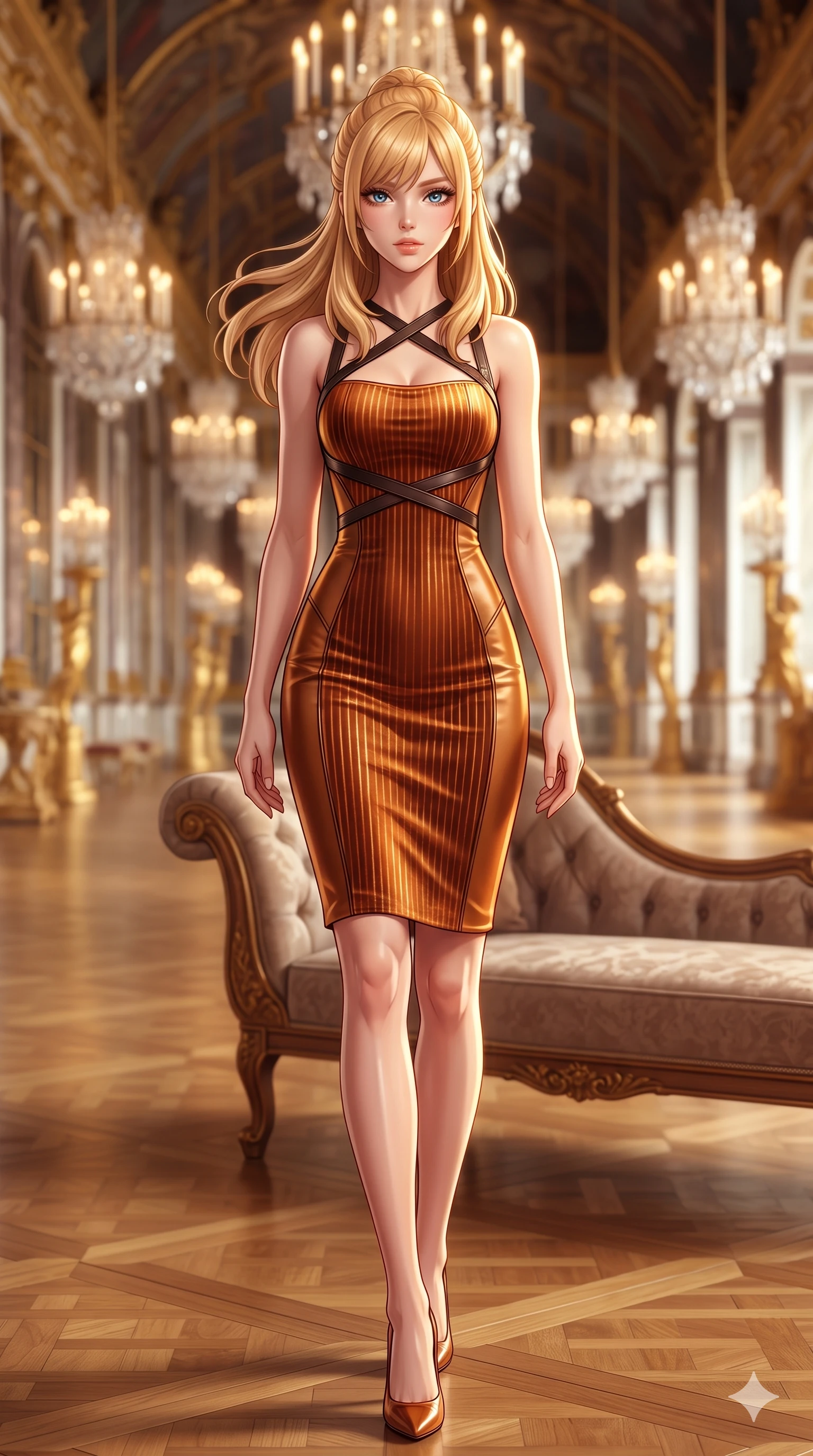 score_9, masterpiece, best quality, ultra-detailed, high-budget anime keyframe, semi-realistic 3D game render, editorial fashion photography, tasteful artistic composition, Caucasian woman. low angle full-body shot from head to toe showing her feet, filling the entire 9:16 vertical frame with her statuesque presence, stretching her vertical silhouette. reclining gracefully across the plush chaise lounge with one leg extended, her sculpted silhouette and flat midriff radiating magnetic nocturnal glamour while stepping forward with hypnotic grace down the gallery aisle, hips swaying in an alluring sensual rhythm that accentuates her curvy hourglass silhouette. The background shows a soft-focus infinite receding gilded mirror reflections, multi-tiered crystal chandeliers, and polished parquet flooring blurred into gold, crystal, and champagne bokeh. She has an exceptionally tall and slender model-like 8.5-heads proportion, an ultra-slim waist, a flat toned midriff, narrow delicate ribcage, and beautifully sculpted feminine hips creating a graceful, slim hourglass silhouette without any bulky heaviness, with impossibly long slender legs. sharp v-shaped jawline, high-bridge nose, intricate jewel-like sparkling eyes with depth, thick eyelashes, glossy parted lips with a natural sheen, intensely captivating and seductive bedroom-eyes expression, exuding both youthful cute charm and sovereign luxury allure, flawlessly proportioned anatomical accuracy, strict slender model proportions, natural body alignment, perfectly sculpted long slender limbs, ultra-slim waistline, clean dynamic posture without body distortion. wearing a tailored liquid velvet bodycon dress with metallic fiber pinstripes following her statuesque 8.5-heads silhouette in rich copper bronze and warm amber, woven from buttery-soft stretch lambskin leather adhering to her body like a second skin, featuring an open-back criss-cross harness strap in dark leather, the form-contouring material adhering flawlessly to her sculpted flat midriff and slender torso, emphasizing her long leg lines and perfectly proportioned willowy build. illuminated by mirrored wall bounce and sharp diamond-gold rim lights carving her sculpted collarbones, ultra-slim waist, and curvy hips. highly saturated vibrant anime colors, detailed shading with soft gradients, rich glossy textures, high-contrast stereoscopic depth, volumetric dynamic lighting, master piece, 9:16 ratio