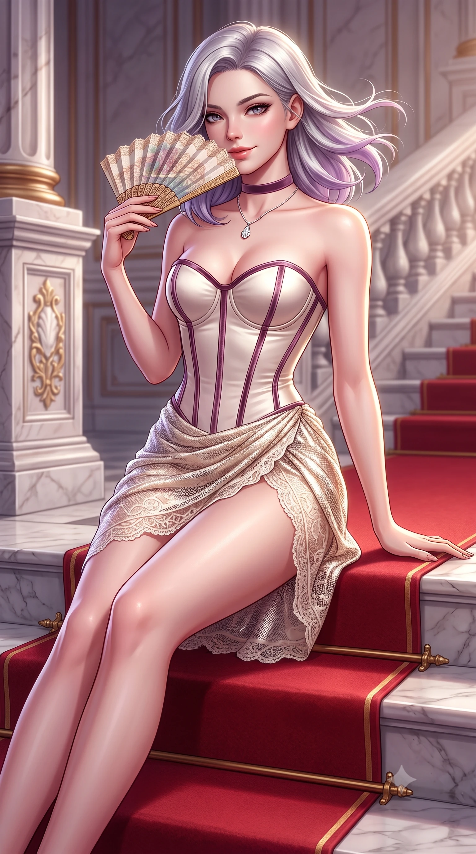 score_9, masterpiece, best quality, ultra-detailed, high-budget anime keyframe, semi-realistic 3D game render, editorial fashion photography, tasteful artistic composition, Caucasian woman. close-up cowboy shot from the waist and thighs up, the character dominates the composition, filling the frame with her large presence. turning slowly with an enchanting smoldering smile, her glossy hair tossing in the breeze as her hips angle gracefully in a captivating contrapposto while sitting poised on the red-carpeted marble landing with legs extended, holding a silk fan with effortless aristocratic allure. The surrounding environment is rendered in vivid detail and crisp panoramic clarity: detailed structured boned corset bodice weave, diamond necklace sparkle, and imperial palace masonry in high resolution. She has an exceptionally elegant, slender, and willowy female figure with an ultra-slim waist, flat toned midriff, narrow ribcage, and sculpted feminine hips creating an alluring, slim hourglass silhouette without bulk. sharp v-shaped jawline, high-bridge nose, sparkling eyes with hypnotic seductive depth, thick curled eyelashes, glossy parted lips with a natural dewy peach sheen, alluring bedroom-eyes with an enchanting coquettish smile, exuding magnetic siren charisma and sophisticated glamour, flawlessly proportioned anatomical accuracy, strict slender model proportions, natural body alignment, perfectly sculpted long slender limbs, ultra-slim waistline, clean dynamic posture without body distortion. wearing a structured boned satin corset bodice with crushed velvet piping paired with a draped tulip mini skirt in Austrian royal ivory and champagne lace, crafted from shimmering fluid chainmail mesh reflecting ambient lights, finished with a thin velvet ribbon choker and a single teardrop diamond pendant, the high-slit wrap tailoring accentuating her ultra-slim waistline and the enchanting curve of her feminine hips with alluring seductive charm. illuminated by polished marble reflection fill and sharp platinum-gold rim lights defining her delicate clavicles, ultra-slim waist, and curvy hips. highly saturated vibrant anime colors, detailed shading with soft gradients, rich glossy textures, high-contrast stereoscopic depth, volumetric dynamic lighting, master piece, 9:16 ratio
