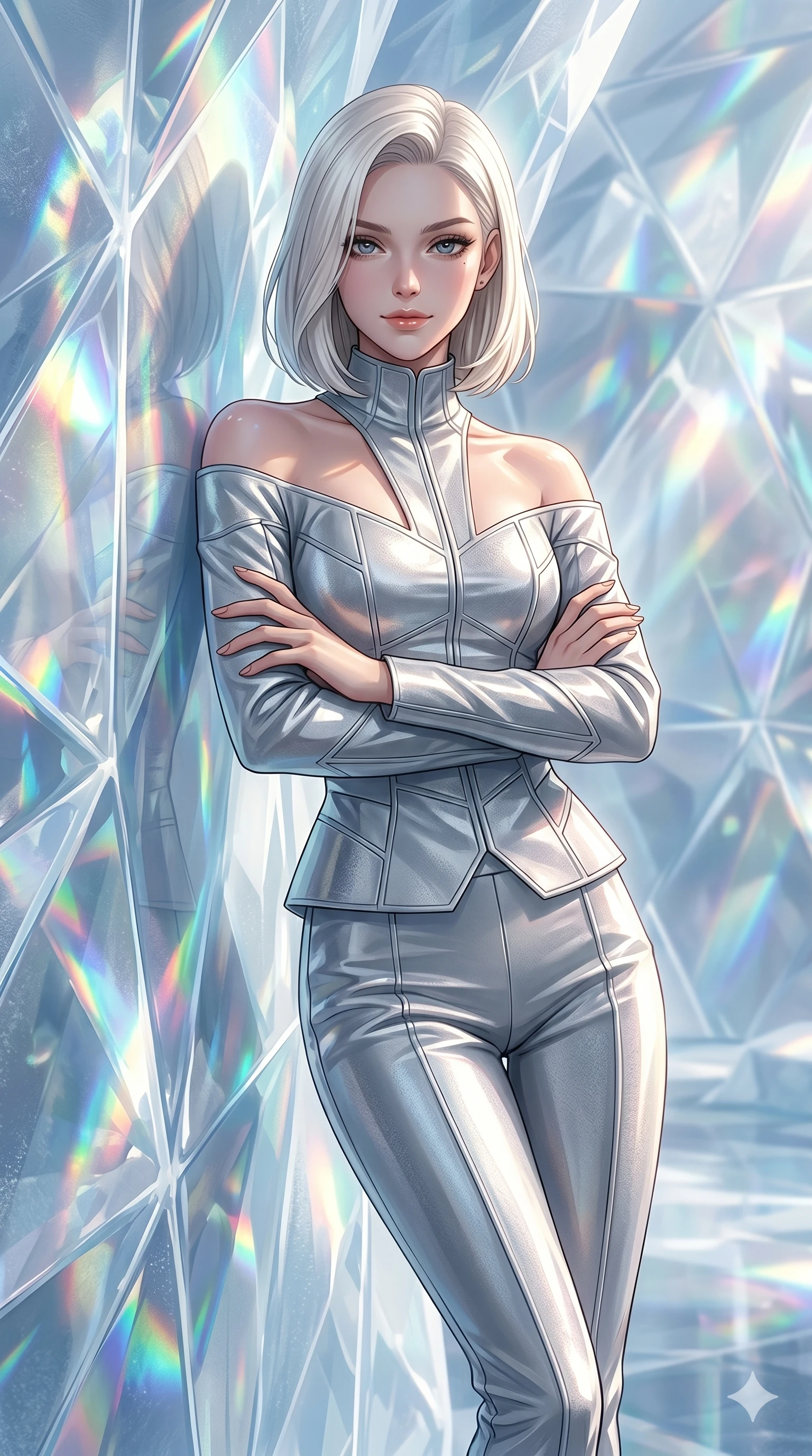 score_9, masterpiece, best quality, ultra-detailed, high-budget anime keyframe, editorial fashion photography, tasteful artistic composition, Caucasian woman, strictly human ears. cowboy shot from the thighs up, character and outfit filling the frame for maximum editorial presence. crossing her arms and leaning back, casting a cool, bedroom-eyes smile in a glacier ice dome with prismatic light refracting through walls (Code-P17-059). She has an absolutely perfect 8-heads proportion, an exceptionally tall and slender female figure with impossibly long slender legs and an ultra-slim waist. V-shaped jawline, high-bridge nose, intricate jewel-like eyes with depth, thick eyelashes, glossy lips with a natural sheen. wearing a futuristic high-neck silver jacket with long trousers. drenched in soft morning sunshine, tracing her bare shoulders and clavicle lines. 2k, ultra detail, master piece, 9:16 ratio