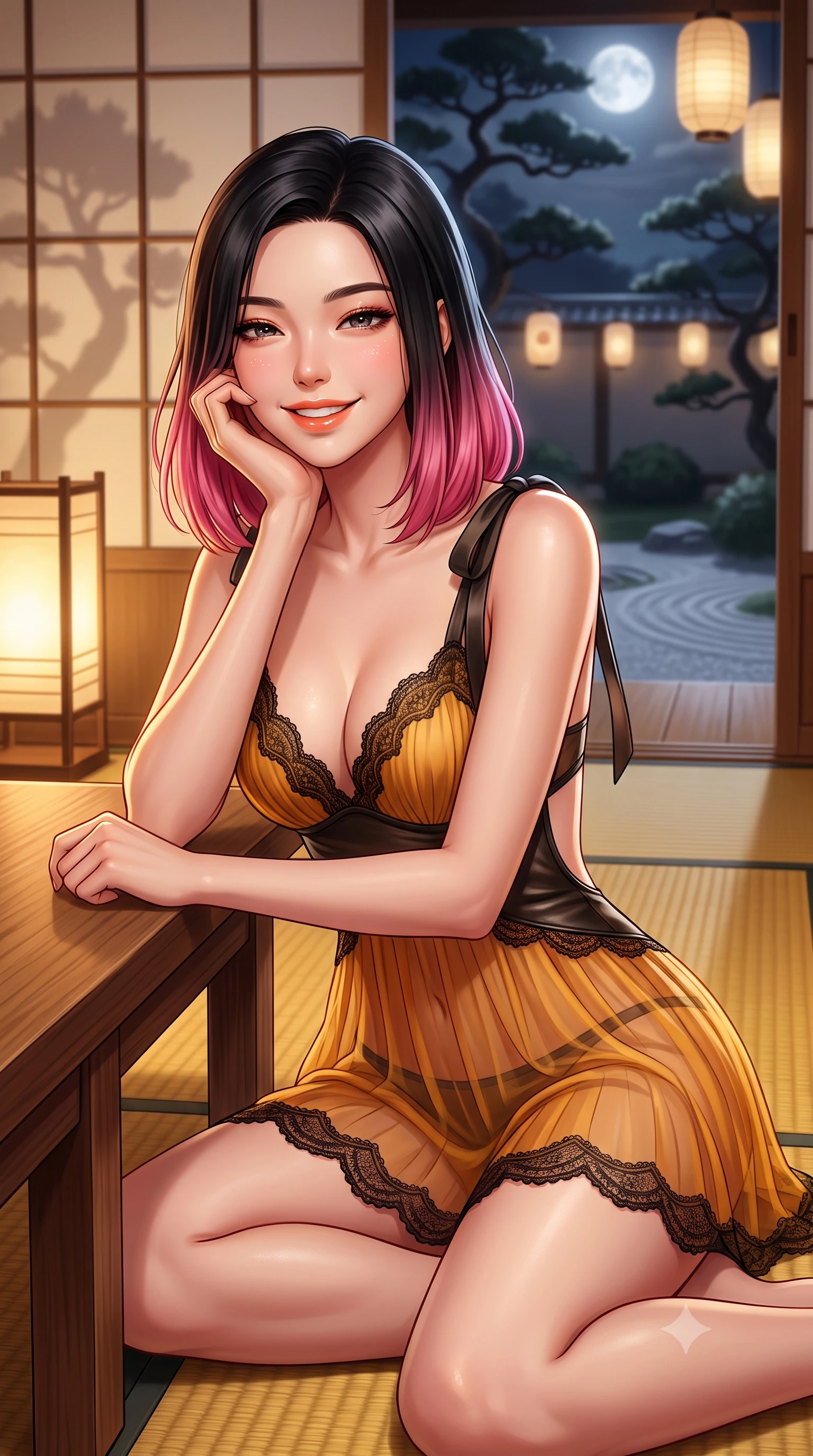 score_9, masterpiece, best quality, ultra-detailed, high-budget anime keyframe, semi-realistic 3D game render, editorial fashion photography, tasteful artistic composition, Korean woman. close-up cowboy shot from the waist and thighs up, the character dominates the composition, filling the frame with her large presence. resting one elbow on the table and supporting her chin, leaning close to the camera with heavy-lidded sparkling eyes and parted lips while twisting her slender torso in an alluring S-curve on the golden tatami mats, paper lantern light casting seductive silhouette shadows on paper screens. The background shows a soft-focus twisted silhouettes of centuries-old black pines against silver moonlit sky, raked gravel garden ripples, and hanging andon lanterns blurred into ivory, charcoal, and gold bokeh. She has an exceptionally elegant, slender, and willowy female figure with an ultra-slim waist, flat toned midriff, narrow ribcage, and sculpted feminine hips creating an alluring, slim hourglass silhouette without bulk. sharp v-shaped jawline, high-bridge nose, intricate jewel-like sparkling eyes with depth, thick eyelashes, glossy parted lips with a natural peach sheen, bright cheerful beaming smile with an enchanting and coquettish sensual glint, exuding both youthful cute charm and seductive allure, flawlessly proportioned anatomical accuracy, strict slender model proportions, natural body alignment, perfectly sculpted long slender limbs, ultra-slim waistline, clean dynamic posture without body distortion. wearing a form-contouring sheer pleated georgette baby-doll slip with plunging sweetheart neckline and scalloped lace trim in Hakone steaming sulfur amber and volcanic basalt black, woven from buttery-soft stretch lambskin leather adhering to her body like a second skin, finished with satin ribbon ties at the shoulders fluttering in the gentle breeze, the precision-cut side openings and low-back scoop framing her graceful spine and the sensual sweep of her slim, toned hips. bathed in the soft, intimate 2200K ambient illumination of traditional washi andon lamps mixed with cool silver moonlight. highly saturated vibrant anime colors, detailed shading with soft gradients, rich glossy textures, high-contrast stereoscopic depth, volumetric dynamic lighting, master piece, 9:16 ratio