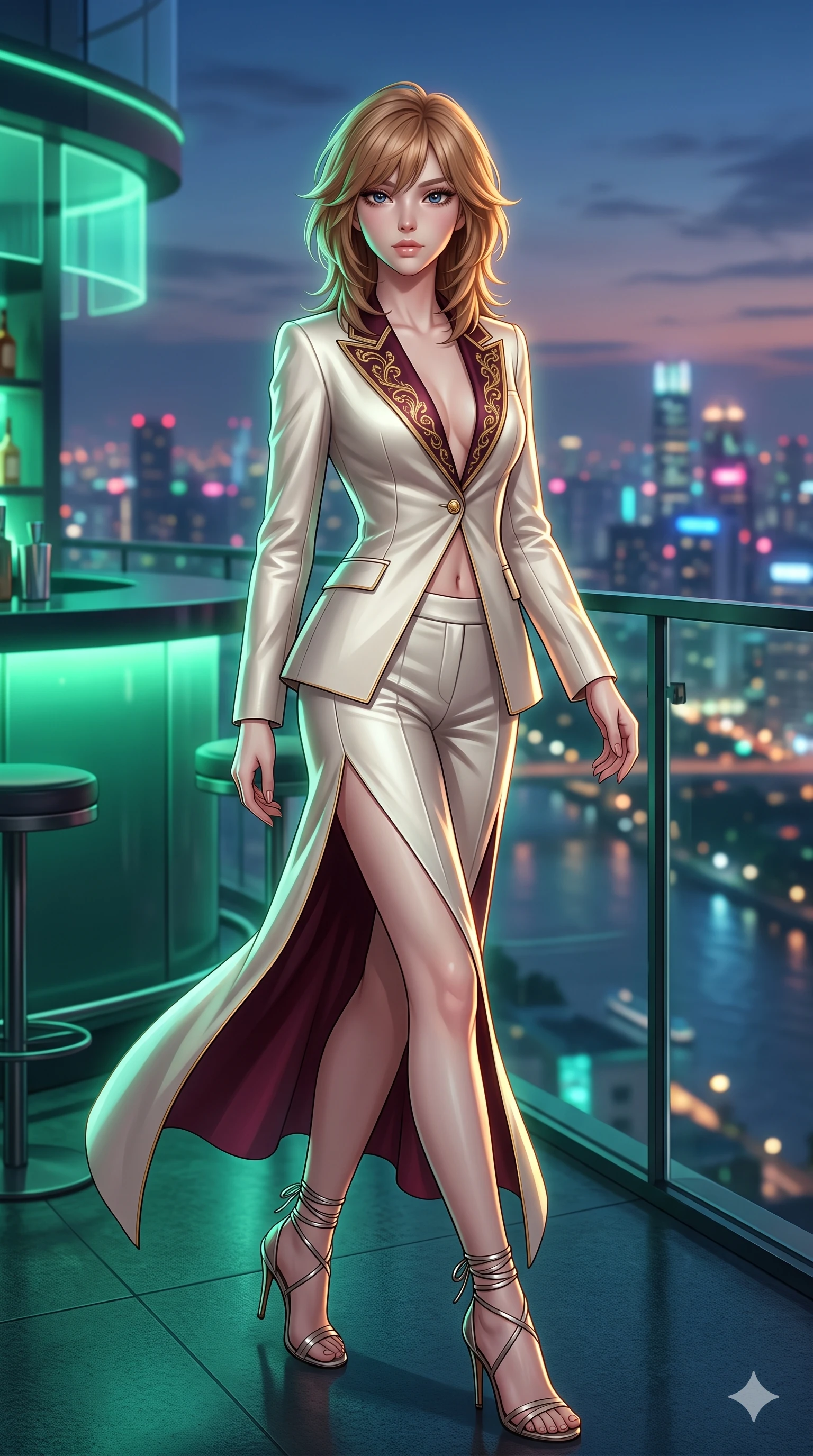 score_9, masterpiece, best quality, ultra-detailed, high-budget anime keyframe, semi-realistic 3D game render, editorial fashion photography, tasteful artistic composition, Korean woman. low angle full-body shot from head to toe showing her feet, filling the entire 9:16 vertical frame with her statuesque presence, stretching her vertical silhouette. striding across the penthouse terrace as river breezes whip her high-slit dress open, accentuating her long slender legs and curvy hips while twisting her slender torso in an alluring contrapposto stance, translucent jade backlight and neon reflections tracing her flat midriff and hourglass curves. The background shows a soft-focus intimate high-floor cyber-lounge atmosphere softened in jade bar shallow focus. She has an exceptionally tall and slender model-like 8.5-heads proportion, an ultra-slim waist, a flat toned midriff, narrow delicate ribcage, and beautifully sculpted feminine hips creating a graceful, slim hourglass silhouette without any bulky heaviness, with impossibly long slender legs. sharp v-shaped jawline, high-bridge nose, intricate jewel-like sparkling eyes with depth, thick eyelashes, glossy parted lips with a natural sheen, intensely captivating and seductive bedroom-eyes expression, exuding both youthful cute charm and sovereign luxury allure, flawlessly proportioned anatomical accuracy, strict slender model proportions, natural body alignment, perfectly sculpted long slender limbs, ultra-slim waistline, clean dynamic posture without body distortion. wearing a bespoke Venetian tailored pantsuit in liquid ivory silk with golden filigree embroidery tracing the lapels in deep wine burgundy and brushed dark platinum, woven from high-density tech-wool with subtle metallic thread weave, complemented by strappy stiletto sandals with metallic ankle wraps accentuating her slender calves, the impeccably tailored cut draping gracefully along her slender figure with aristocratic poise. illuminated by bar surface bounce and sharp emerald-gold rim lights sculpting her razor-sharp jawline, narrow waist, and curvy hips. highly saturated vibrant anime colors, detailed shading with soft gradients, rich glossy textures, high-contrast stereoscopic depth, volumetric dynamic lighting, master piece, 9:16 ratio