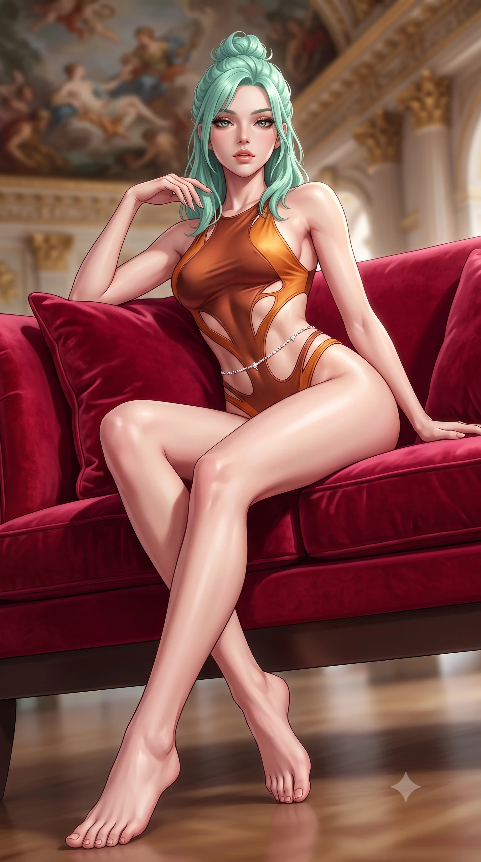 score_9, masterpiece, best quality, ultra-detailed, high-budget anime keyframe, semi-realistic 3D game render, editorial fashion photography, tasteful artistic composition, Japanese woman. low angle full-body shot from head to toe showing her feet, filling the entire 9:16 vertical frame with her statuesque presence, stretching her vertical silhouette. sitting perched on the elevated edge with hips angled toward the camera and legs crossed, displaying her toned midriff and flawlessly sculpted slender limbs while reclining on a plush crimson velvet settee propped on one elbow, her long slender legs and curvy hips commanding the composition. The composition keeps background elements in soft focus with creamy bokeh. classical ceiling oil frescoes and gilded Corinthian capitals softened in opulent shallow focus. She has an exceptionally tall and slender model-like 8.5-heads proportion, an ultra-slim waist, a flat toned midriff, narrow delicate ribcage, and beautifully sculpted feminine hips creating a graceful, slim hourglass silhouette without any bulky heaviness, with impossibly long slender legs. sharp v-shaped jawline, high-bridge nose, intricate jewel-like eyes with depth, thick eyelashes, glossy parted lips with a natural sheen, intensely captivating and seductive bedroom-eyes expression, flawlessly proportioned anatomical accuracy, strict slender model proportions, natural body alignment, perfectly sculpted long slender limbs, ultra-slim waistline, clean dynamic posture without body distortion. wearing a botanical cutout monokini with organic leaf-curve side openings and high-cut hip bands in rich copper bronze and warm amber, tailored from liquid silk jersey adhering flawlessly to her slender build, accented with a dainty diamond waist chain catching the ambient light reflections, the glove-like aerodynamic silhouette tightly following the natural contour of her hips and long slender legs with statuesque 8.5-heads elegance. illuminated by crisp specular highlights defining her bare clavicle, ultra-slim waist, and curvy hips. highly saturated vibrant anime colors, detailed shading with soft gradients, rich glossy textures, high-contrast stereoscopic depth, volumetric dynamic lighting, master piece, 9:16 ratio