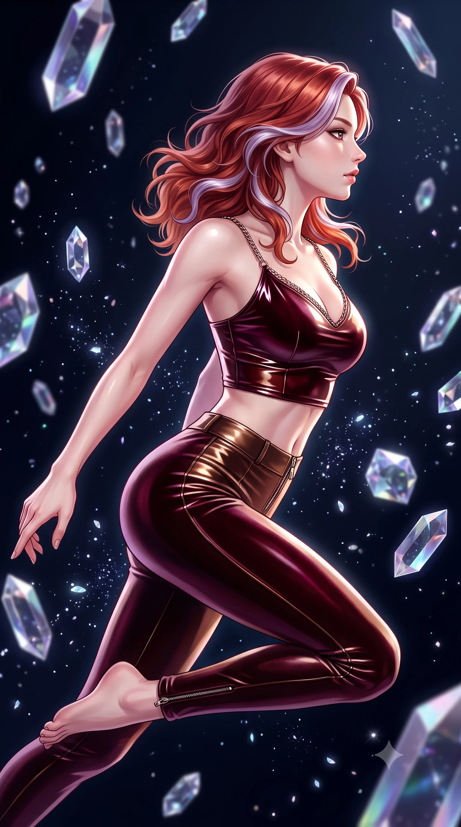 score_9, masterpiece, best quality, ultra-detailed, high-budget anime keyframe, editorial fashion photography, tasteful artistic composition, Caucasian woman. close-up cowboy shot from the waist and thighs up, the character dominates the composition, filling the frame with her large presence, background elements kept in soft focus. Turning her face in sharp profile while her upper body leans forward with poised athletic grace while leaping gracefully through mid-air inside a zero-gravity void filled with floating crystal prisms, glowing crystalline dust motes sparkling dynamically in the surrounding dark space. She has an exceptionally elegant, slender, and willowy female figure with an ultra-slim waist, a gracefully sculpted slender torso, and a refined silhouette. sharp v-shaped jawline, high-bridge nose, intricate jewel-like eyes with depth, thick eyelashes, glossy lips with a natural sheen, flawlessly proportioned anatomical accuracy, natural body alignment, perfectly sculpted elegant limbs, clean dynamic posture without body distortion. wearing a glossy vinyl crop top and high-waist tailored leggings with sleek zippers in deep burgundy and bronze, made of premium stretch velvet with a rich sheen, adorned with delicate metallic chain straps along the neckline, the elegant draped fit framing her graceful clavicle and slender torso. illuminated by high-contrast studio spotlights with ultra-bright specular highlights. highly saturated vibrant anime colors, detailed shading with soft gradients, rich glossy textures, high-contrast stereoscopic depth, volumetric dynamic lighting, master piece, 9:16 ratio