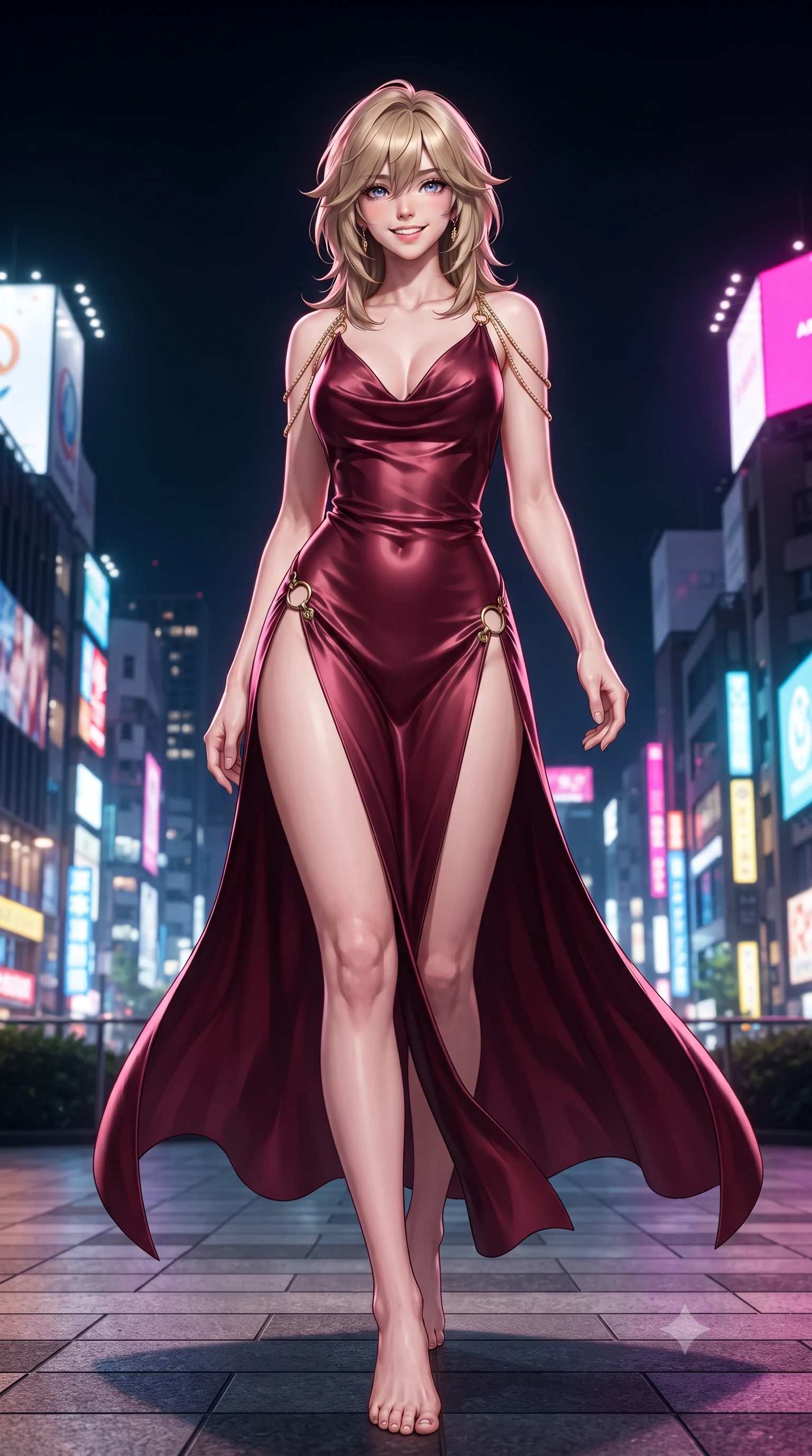 score_9, masterpiece, best quality, ultra-detailed, high-budget anime keyframe, editorial fashion photography, tasteful artistic composition, Japanese woman. low angle full-body shot from head to toe showing her feet, filling the entire 9:16 vertical frame with her statuesque presence, stretching her vertical silhouette. stepping slowly toward the camera with hypnotic grace, hips swaying in an alluring sensual rhythm that accentuates her curvy hourglass silhouette and long slender legs while twisting her slender torso in an alluring contrapposto stance, thousands of neon billboards casting saturated electric colors across her curves. The surrounding environment is rendered in vivid detail and crisp panoramic clarity: detailed cheongsam-inspired mini dress weave, high-slit seam borders, and Tokyo megalopolis infrastructure in razor-sharp precision. She has an exceptionally tall and slender model-like 8.5-heads proportion, an ultra-slim waist, a flat toned midriff, narrow delicate ribcage, and beautifully sculpted feminine hips creating a graceful, slim hourglass silhouette without any bulky heaviness, with impossibly long slender legs. sharp v-shaped jawline, high-bridge nose, intricate jewel-like sparkling eyes with depth, thick eyelashes, glossy parted lips with a natural peach sheen, bright cheerful beaming smile with an enchanting and coquettish sensual glint, exuding both youthful cute charm and seductive allure, flawlessly proportioned anatomical accuracy, strict slender model proportions, natural body alignment, perfectly sculpted long slender limbs, ultra-slim waistline, clean dynamic posture without body distortion. wearing a plunging cowl-neck liquid satin resort gown with dramatic hip-high side slits and crystal shoulder cords in Italian baroque bordeaux wine and antique gilded gold, woven from buttery-soft stretch lambskin leather adhering to her body like a second skin, finished with fine gold ring clasps securing the daring side openings along her hip line, the liquid-tight tailored fabric clinging flawlessly to her narrow waist and rounded feminine hips, emphasizing every millimeter of her sculpted slim hourglass curves without any bulky heaviness. illuminated by rooftop edge LED strip lights and crisp platinum-magenta rim lights sculpting her jawline, flat midriff, and curvy hips. ultra-reflective glossy finish, specular highlights, rich textural contrasts, high-contrast stereoscopic depth, volumetric dynamic lighting, 2k, ultra detail, master piece, 9:16 ratio