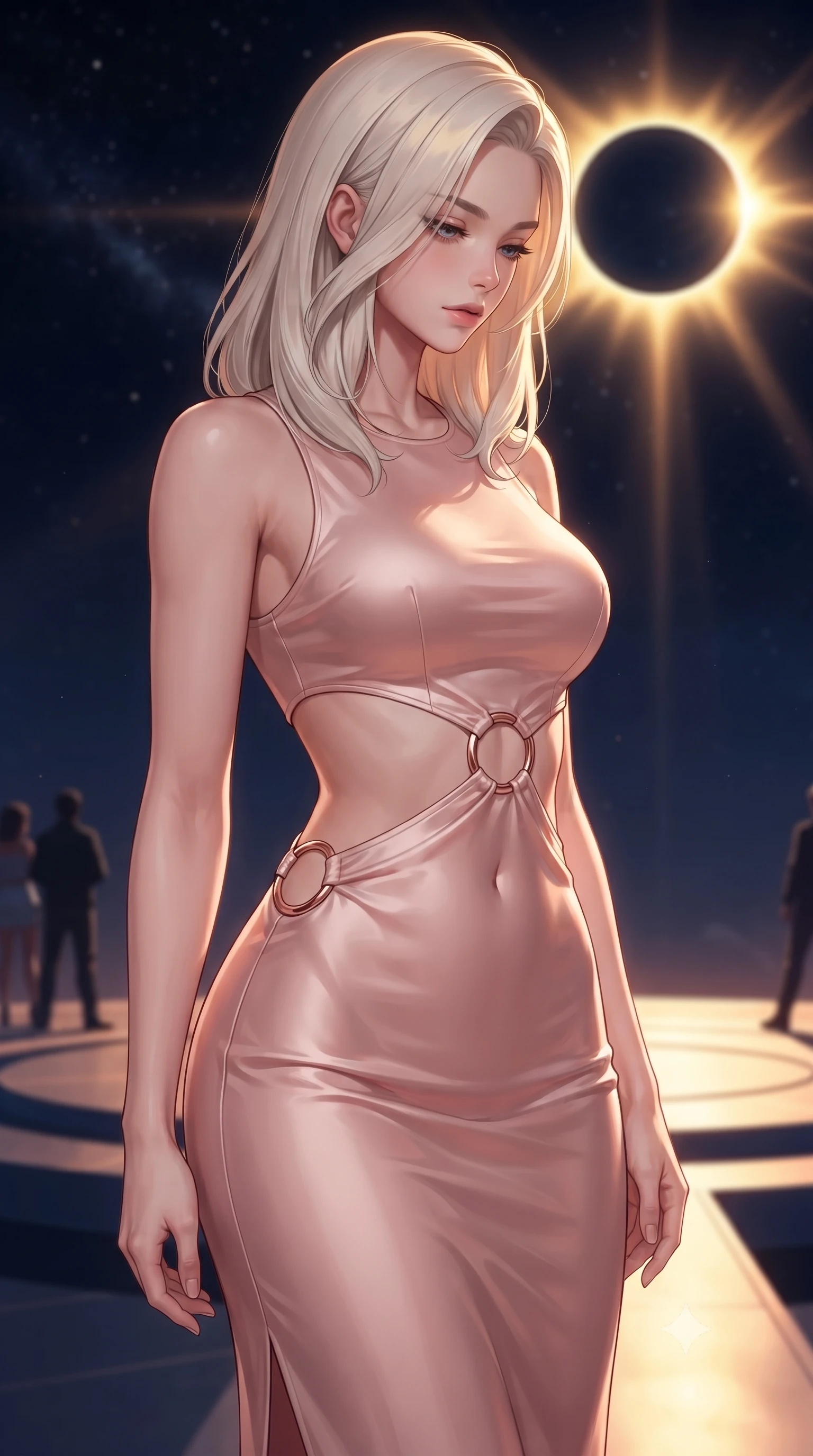 score_9, masterpiece, best quality, ultra-detailed, high-budget anime keyframe, editorial fashion photography, tasteful artistic composition, Caucasian woman. close-up cowboy shot from the waist and thighs up, the character dominates the composition, filling the frame with her large presence, background elements kept in soft focus. Looking down with lowered lashes and a composed, powerful aura, looking out at a dark sky surrounded by a brilliant golden eclipse halo, the brilliant golden corona of a solar eclipse casting sharp dramatic key rays. She has an exceptionally elegant, slender, and willowy female figure with an ultra-slim waist, a gracefully sculpted slender torso, and a refined silhouette. sharp v-shaped jawline, high-bridge nose, intricate jewel-like eyes with depth, thick eyelashes, glossy lips with a natural sheen. wearing fitted opal-glazed silk maxi dress hugging every curve in soft blush pink, made of soft rose-gold satin, trimmed with rose-gold ring hardware along the waist contours, sculpting her athletic slender build with refined precision. bathed in warm amber solar light and high-contrast navy shadows. highly saturated vibrant anime colors, detailed shading with soft gradients, rich glossy textures, high-contrast stereoscopic depth, volumetric dynamic lighting, master piece, 9:16 ratio