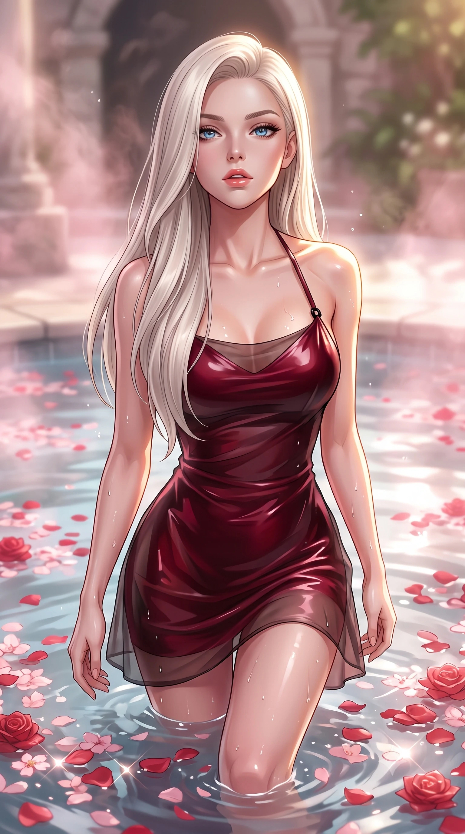score_9, masterpiece, best quality, ultra-detailed, high-budget anime keyframe, editorial fashion photography, tasteful artistic composition, Caucasian woman. close-up cowboy shot from the waist and thighs up, the character dominates the composition, filling the frame with her large presence, background elements kept in soft focus. Tilting her chin up slightly with lips parted in a composed, magnetic expression, stepping gracefully into a warm pool floating with delicate red and pink petals, sculpted clavicle lines and bare shoulders catching golden rim rays. She has an exceptionally elegant, slender, and willowy female figure with an ultra-slim waist, a gracefully sculpted slender torso, and a refined silhouette. sharp v-shaped jawline, high-bridge nose, intricate jewel-like eyes with depth, thick eyelashes, glossy lips with a natural sheen. wearing backless liquid vinyl mini slip dress with bare shoulder halter neckline in deep crimson burgundy, made of sheer dark organza overlay, adorned with minimalist black onyx hardware framing the silhouette, the fitted fabric emphasizing her ultra-slim waist. bathed in soft rose-tinted steam rays and bright alabaster highlights. highly saturated vibrant anime colors, detailed shading with soft gradients, rich glossy textures, high-contrast stereoscopic depth, volumetric dynamic lighting, master piece, 9:16 ratio
