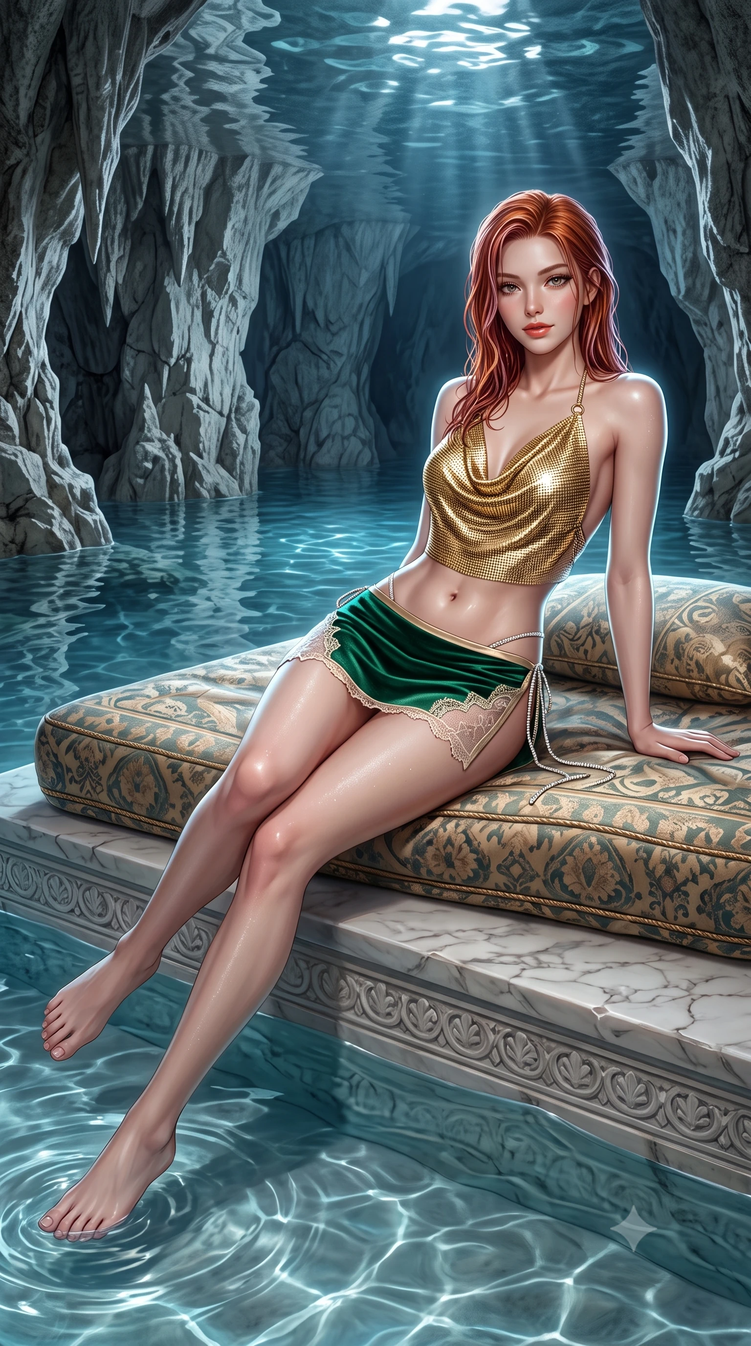 score_9, masterpiece, best quality, ultra-detailed, high-budget anime keyframe, semi-realistic 3D game render, editorial fashion photography, tasteful artistic composition, Caucasian woman. low angle full-body shot from head to toe showing her feet, filling the entire 9:16 vertical frame with her statuesque presence, stretching her vertical silhouette. lounging on the lavish daybed with legs crossed and hips angled toward the camera, displaying her toned midriff and long slender limbs with effortless siren poise while lounging in the shallow cave pool propped on one hand, her wet-look silhouette radiating mystical Mediterranean enchantment. The surrounding environment is rendered in vivid detail and crisp panoramic clarity: sharp limestone cave wall textures, water ripple meniscus clarity, and carved marble platform edge in deep focus. She has an absolutely perfect, statuesque 8.5-heads proportion, an exceptionally tall and slender model-like female figure with impossibly long slender legs, an ultra-slim waist, a flat toned midriff, narrow delicate ribcage, and beautifully sculpted feminine hips creating a graceful, slim hourglass silhouette without any bulky heaviness. sharp v-shaped jawline, high-bridge nose, sparkling eyes with hypnotic seductive depth, thick curled eyelashes, glossy parted lips with a natural dewy peach sheen, alluring bedroom-eyes with an enchanting coquettish smile, exuding magnetic siren charisma and sophisticated glamour, flawlessly proportioned anatomical accuracy, strict slender model proportions, natural body alignment, perfectly sculpted long slender limbs, ultra-slim waistline, clean dynamic posture without body distortion. wearing a liquid gold chainmail cowl halter top paired with an ultra-low-rise velvet mini skirt and side rhinestone ties in Monaco casino emerald and royal champagne, made of delicate semi-sheer French Chantilly lace with intricate eyelash edges, finished with scalloped eyelash lace trim framing her sweetheart neckline with intimate elegance, the glove-like clinging cut tightly following the natural contour of her hips and long slender legs with youthful 8.5-heads elegance. illuminated by subterranean water reflection bounce and sharp icy-platinum rim lights defining her delicate clavicles, narrow waist, and curvy hips. highly saturated vibrant anime colors, detailed shading with soft gradients, rich glossy textures, high-contrast stereoscopic depth, volumetric dynamic lighting, master piece, 9:16 ratio
