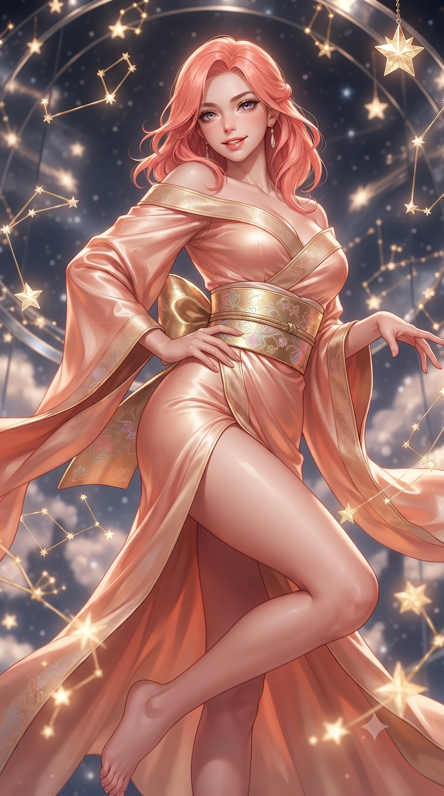 score_9, masterpiece, best quality, ultra-detailed, high-budget anime keyframe, editorial fashion photography, tasteful artistic composition, Japanese woman. close-up cowboy shot from the waist and thighs up, the character dominates the composition, filling the frame with her large presence. smiling with subtle, enchanting allure and glossy parted lips, one hand resting on her waist with effortless supermodel poise while pivoting dynamically in mid-air with an athletic yet alluring arch of her spine, weaving through floating golden constellations. The composition keeps background elements in soft focus with creamy bokeh. infinite celestial mirror walls and floating crystal arches softened in dreamy shallow focus. She has an exceptionally elegant, slender, and willowy female figure with an ultra-slim waist, a gracefully sculpted slender torso, toned flat midriff, and a refined slim silhouette. sharp v-shaped jawline, high-bridge nose, intricate jewel-like eyes with depth, thick eyelashes, glossy lips with a natural sheen, captivating and magnetic expression, flawlessly proportioned anatomical accuracy, strict slender model proportions, natural body alignment, perfectly sculpted long slender limbs, ultra-slim waistline, clean dynamic posture without body distortion. wearing an off-shoulder celestial kimono gown with fluttering silk drapes and a high side slit in sunrise coral and champagne gold, tailored from traditional lustrous satin with delicate hand-stitched borders, complemented by a wide metallic gold obi sash with holographic floral embroidery, the form-contouring material adhering flawlessly to her sculpted flat midriff and slender torso, emphasizing her long leg lines and perfectly proportioned willowy build. illuminated by crisp specular highlights tracing her ultra-slim waist, toned midriff, and long slender limbs. ultra-reflective glossy finish, specular highlights, rich textural contrasts, high-contrast stereoscopic depth, volumetric dynamic lighting, 2k, ultra detail, master piece, 9:16 ratio