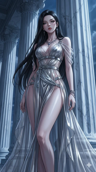score_9, masterpiece, best quality, ultra-detailed, High-budget Anime Keyframe, East Asian woman. Low angle cowboy shot filling the entire 9:16 frame with her statuesque presence. Scenario 113: Leaning against a cold marble pillar in a moonlit greek 