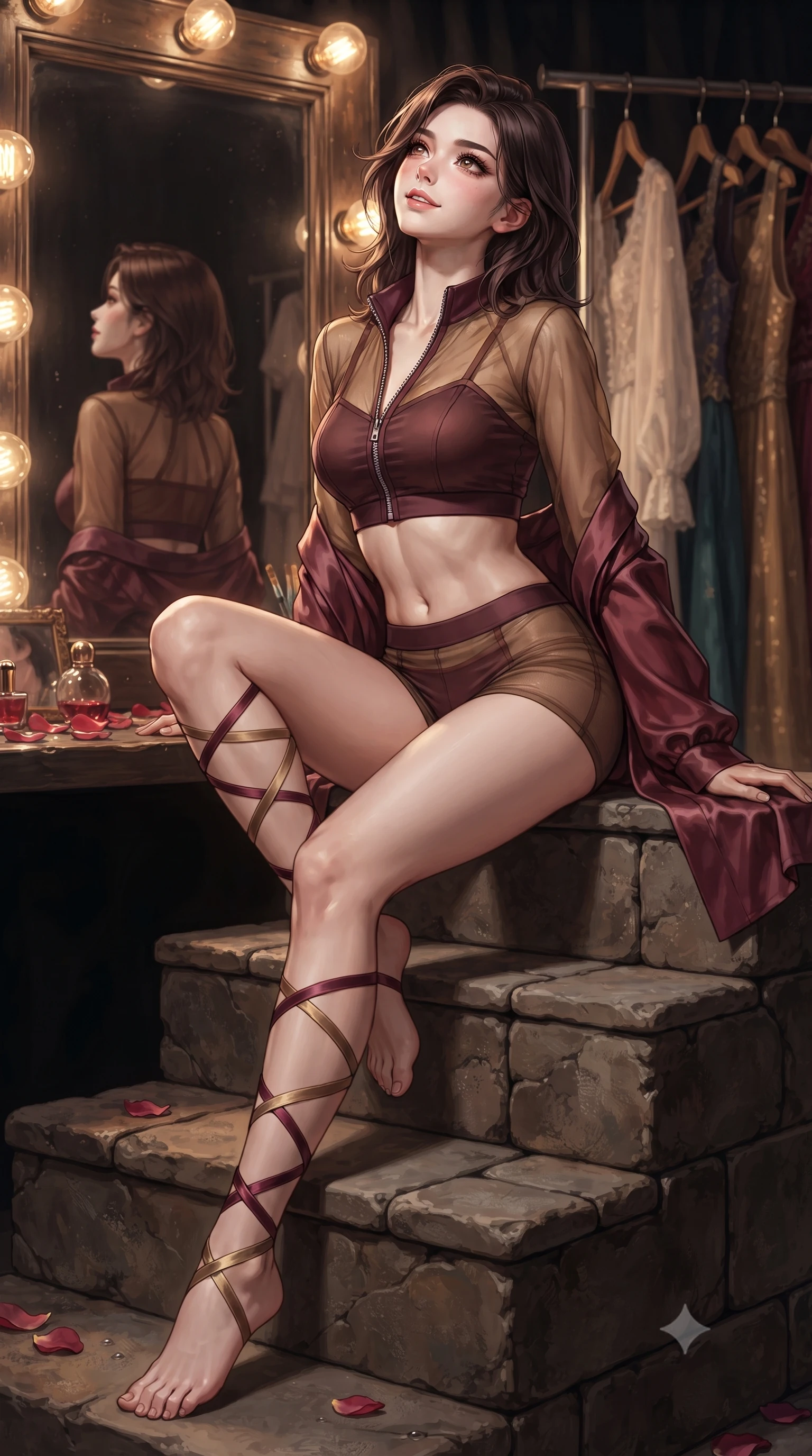 score_9, masterpiece, best quality, ultra-detailed, high-budget anime keyframe, editorial fashion photography, tasteful artistic composition, Korean woman. low angle full-body shot from head to toe showing her feet, filling the entire 9:16 vertical frame with her statuesque presence, stretching her vertical silhouette. sitting poised on the stone steps with one knee bent, arching her spine with supermodel elegance as she glances upward through thick eyelashes while standing poised between hanging stage costumes with hips cocked back, a silk robe slipping off bare shoulders with teasing allure. The surrounding environment is rendered in vivid detail and crisp panoramic clarity: sharp glass mirror reflection clarity, incandescent bulb filament glow, and fresh rose petal water droplets in deep focus. She has an absolutely perfect, statuesque 8.5-heads proportion, an exceptionally tall and slender model-like female figure with impossibly long slender legs, an ultra-slim waist, a flat toned midriff, narrow delicate ribcage, and beautifully sculpted feminine hips creating a graceful, slim hourglass silhouette without any bulky heaviness. sharp v-shaped jawline, high-bridge nose, sparkling eyes with hypnotic seductive depth, thick curled eyelashes, glossy parted lips with a natural dewy peach sheen, alluring bedroom-eyes with an enchanting coquettish smile, exuding magnetic siren charisma and sophisticated glamour, flawlessly proportioned anatomical accuracy, strict slender model proportions, natural body alignment, perfectly sculpted long slender limbs, ultra-slim waistline, clean dynamic posture without body distortion. wearing a modern two-piece tactical siren set featuring a zip-front bolero jacket and curve-hugging compression hot-pants in smoky bordeaux wine and gilded bronze, made of sheer gossamer chiffon that drapes softly against skin with airy translucence, finished with delicate satin ballet ribbon ties criss-crossing up her slender calves to the knee, the high-slit wrap tailoring accentuating her ultra-slim waistline and the enchanting curve of her feminine hips with alluring seductive charm. bathed in flattering 2700K vanity perimeter bulb lighting casting soft dimensional facial highlights. ultra-reflective glossy finish, specular highlights, rich textural contrasts, high-contrast stereoscopic depth, volumetric dynamic lighting, 2k, ultra detail, master piece, 9:16 ratio