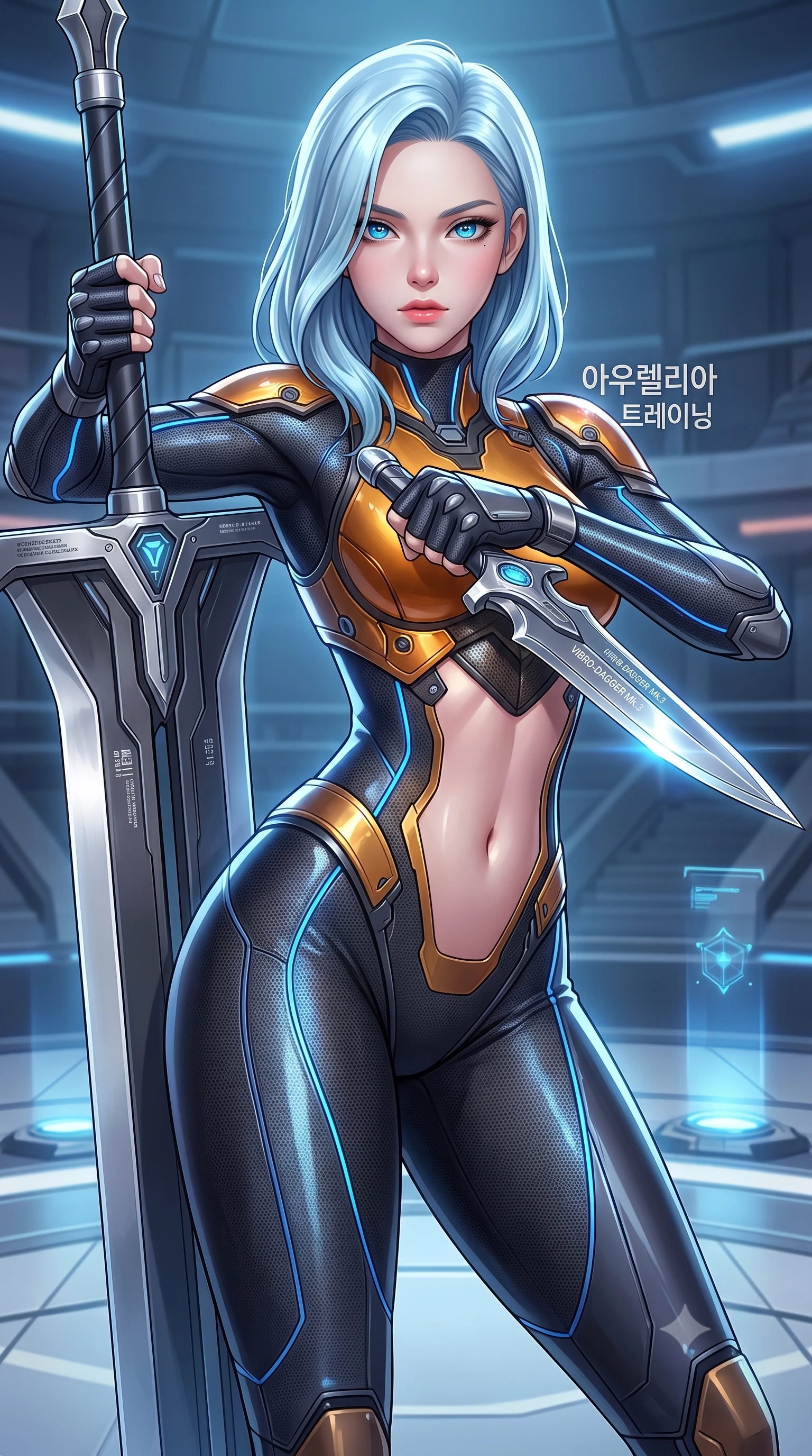 score_9, masterpiece, best quality, ultra-detailed, high-budget anime keyframe, semi-realistic 3D game render, editorial fashion photography, tasteful artistic composition, Korean woman. close-up cowboy shot from the waist and thighs up, the character dominates the composition, filling the frame with her large presence. gazing forward with divine sovereign poise, captivating jewel-like eyes shining with transcendent focus while holding her weapon with effortless mastery while pivoting dynamically as she plants the colossal greatsword tip into the ground, leaning on the hilt with sovereign poise. The surrounding environment is rendered in vivid detail and crisp panoramic clarity. sharp titanium crossguard engravings, arena holographic projector nodes, and armor plating seams in high clarity. She has an exceptionally elegant, slender, and willowy female figure with an ultra-slim waist, a gracefully sculpted slender torso, toned flat midriff, and a refined slim silhouette. sharp v-shaped jawline, high-bridge nose, intricate jewel-like eyes with depth, thick eyelashes, glossy lips with a natural sheen, flawlessly proportioned anatomical accuracy, strict slender model proportions, natural body alignment, perfectly sculpted long slender limbs, ultra-slim waistline, clean dynamic posture without body distortion. wearing an aerodynamic dark titanium carbon-mesh jumper with glowing blue fiber lines, holding twin chrome vibro-daggers with deadly supermodel poise in molten amber-gold carbon cuirass with dark titanium weave, made of lightweight aerodynamic carbon-titanium alloy with polished edge bevels, finished with high-mobility articulation joints and miniature magnetic armor locks, the glove-like aerodynamic second-skin fit tightly clinging to her ultra-slender waist and athletic curves without adding bulk, accentuating her razor-sharp statuesque lines and slim hourglass silhouette. illuminated by sharp specular highlights tracing her ultra-slim waist, long legs, and flat midriff. rich saturated anime colors with glowing neon highlights, detailed shading with soft gradients, rich glossy textures, high-contrast stereoscopic depth, volumetric dynamic lighting, master piece, 9:16 ratio