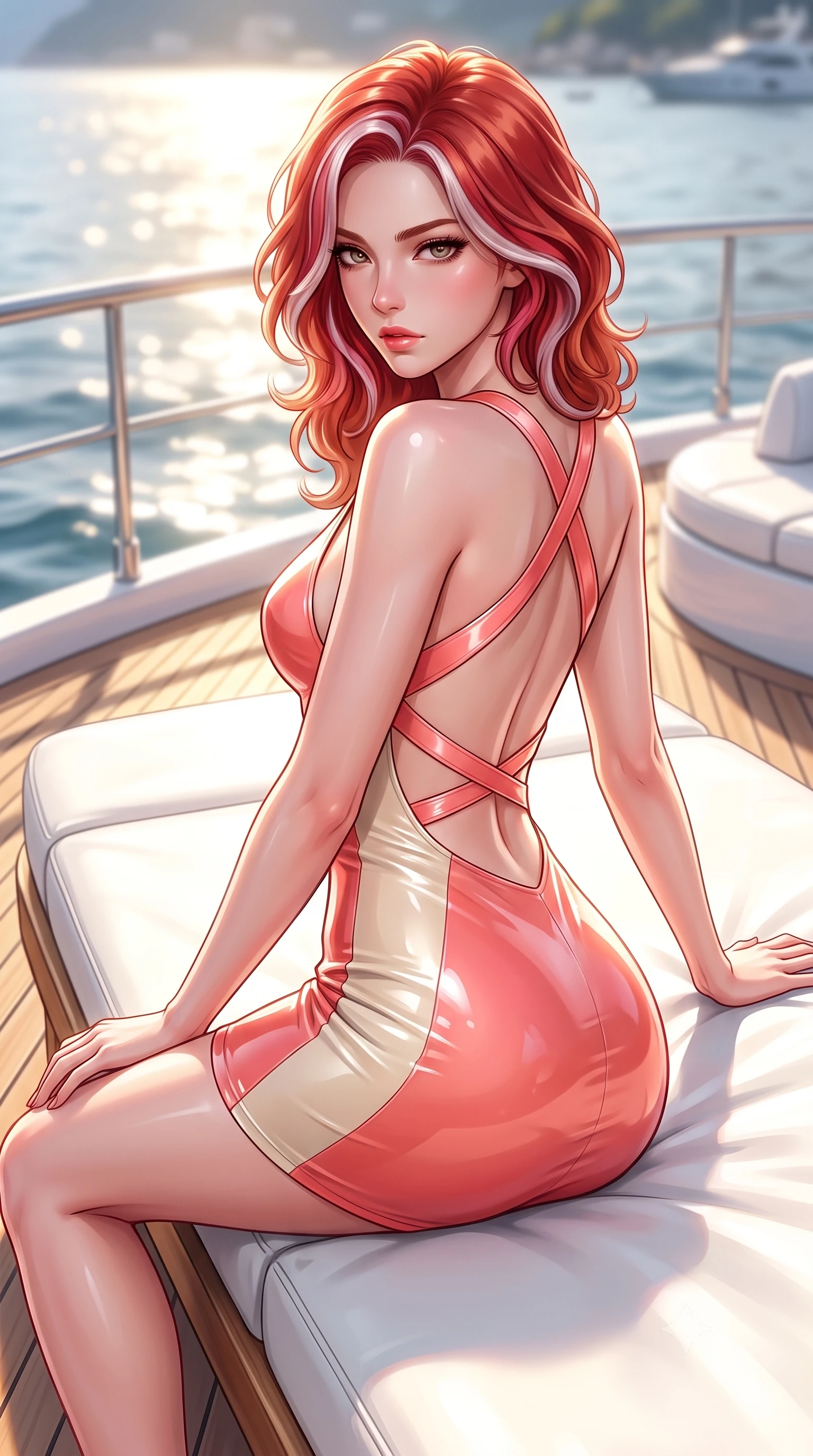 score_9, masterpiece, best quality, ultra-detailed, high-budget anime keyframe, semi-realistic 3D game render, editorial fashion photography, tasteful artistic composition, Caucasian woman. close-up cowboy shot from the waist and thighs up, the character dominates the composition, filling the frame with her large presence. gazing directly into the lens with bedroom eyes and a breathtaking, dangerous allure that commands the entire composition while lounging seductively across a custom white leather sunbed on the teak deck of a luxury yacht under brilliant sun. The composition keeps background elements in soft focus with creamy bokeh. intense marine sunlight reflecting off water waves into a glowing, sun-soaked backdrop. She has an exceptionally elegant, slender, and willowy female figure with an ultra-slim waist, a gracefully sculpted slender torso, toned flat midriff, and a refined slim silhouette. sharp v-shaped jawline, high-bridge nose, intricate jewel-like eyes with depth, thick eyelashes, glossy lips with a natural sheen, flawlessly proportioned anatomical accuracy, strict slender model proportions, natural body alignment, perfectly sculpted long slender limbs, ultra-slim waistline, clean dynamic posture without body distortion. wearing a second-skin fashion-latex mini dress with a clean architectural front, featuring an open-back design that wraps around the sides of her waist, showcasing her slender silhouette in radiant coral pink and champagne ivory, crafted from ultra-reflective second-skin latex with a high-gloss glass-like polish, complemented by criss-cross back straps highlighting her completely bare spine, the sleek second-skin cut tightly hugging her graceful clavicle, narrow waist, and feminine curves with athletic precision. illuminated by intense white fill light and crisp specular highlights tracing her slender curves. highly saturated vibrant anime colors, detailed shading with soft gradients, rich glossy textures, high-contrast stereoscopic depth, volumetric dynamic lighting, master piece, 9:16 ratio