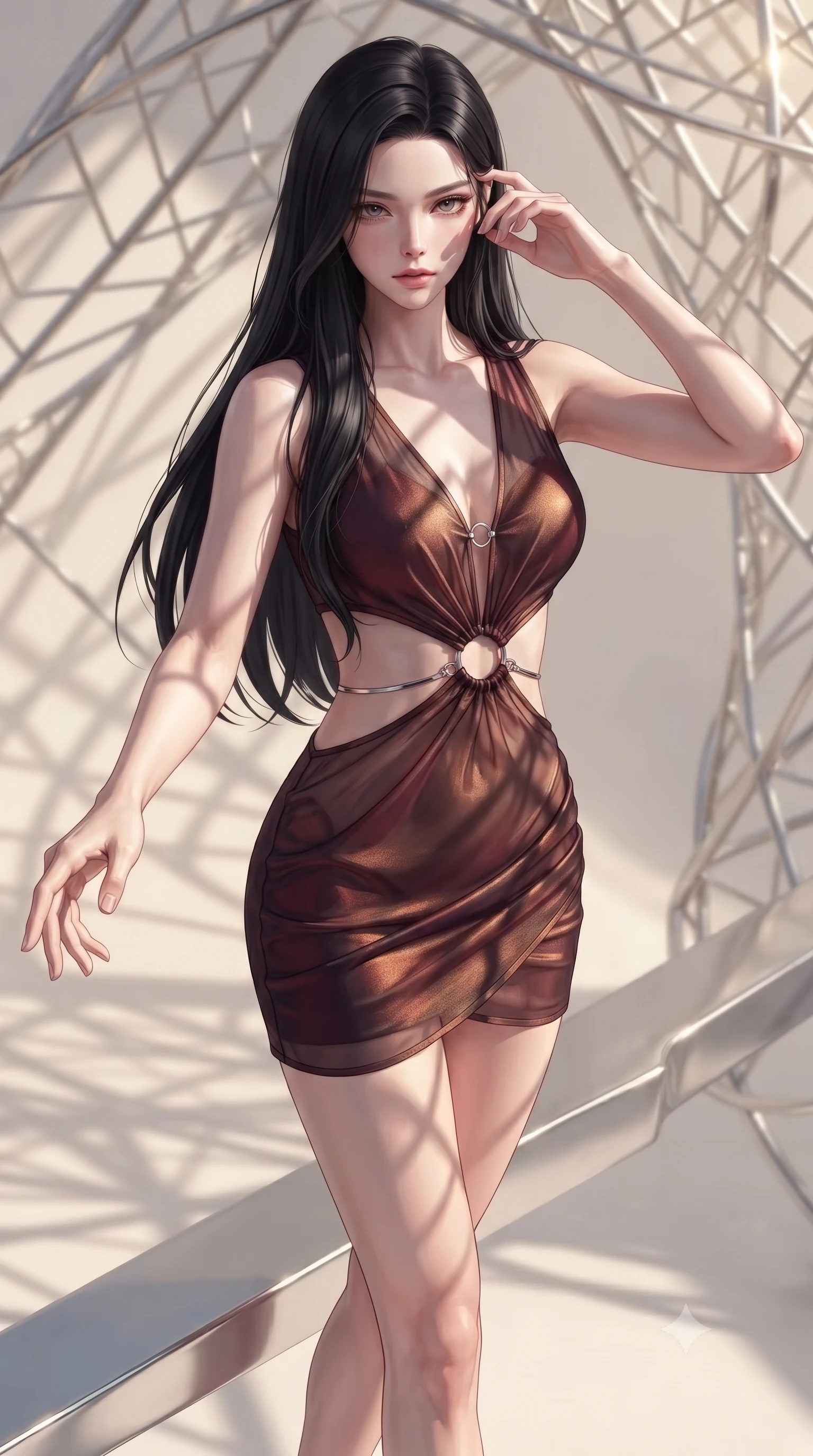score_9, masterpiece, best quality, ultra-detailed, high-budget anime keyframe, editorial fashion photography, tasteful artistic composition, Korean woman. close-up cowboy shot from the waist and thighs up, the character dominates the composition, filling the frame with her large presence, background elements kept in soft focus. Resting her fingers gracefully near her temple, casting a sharp mysterious side-gaze during her stride while reaching one arm gracefully toward the camera while balancing on a floating platinum beam, platinum wire lattices reflecting intense warm sunlight with brilliant metallic luster. She has an exceptionally elegant, slender, and willowy female figure with an ultra-slim waist, a gracefully sculpted slender torso, and a refined silhouette. sharp v-shaped jawline, high-bridge nose, intricate jewel-like eyes with depth, thick eyelashes, glossy lips with a natural sheen, flawlessly proportioned anatomical accuracy, natural body alignment, perfectly sculpted elegant limbs, clean dynamic posture without body distortion. wearing a dramatic open-waist cutout mini dress framed by sculptural hardware in deep burgundy and bronze, woven from fine semi-opaque sheer organza, accented with delicate chrome ring hardware framing her waist, the elegant draped fit framing her graceful clavicle and slender torso. illuminated by a majestic golden key light casting sharp dynamic shadow grids. ultra-reflective glossy finish, specular highlights, metallic sheen, high-contrast stereoscopic depth, volumetric dynamic lighting, 2k, ultra detail, master piece, 9:16 ratio
