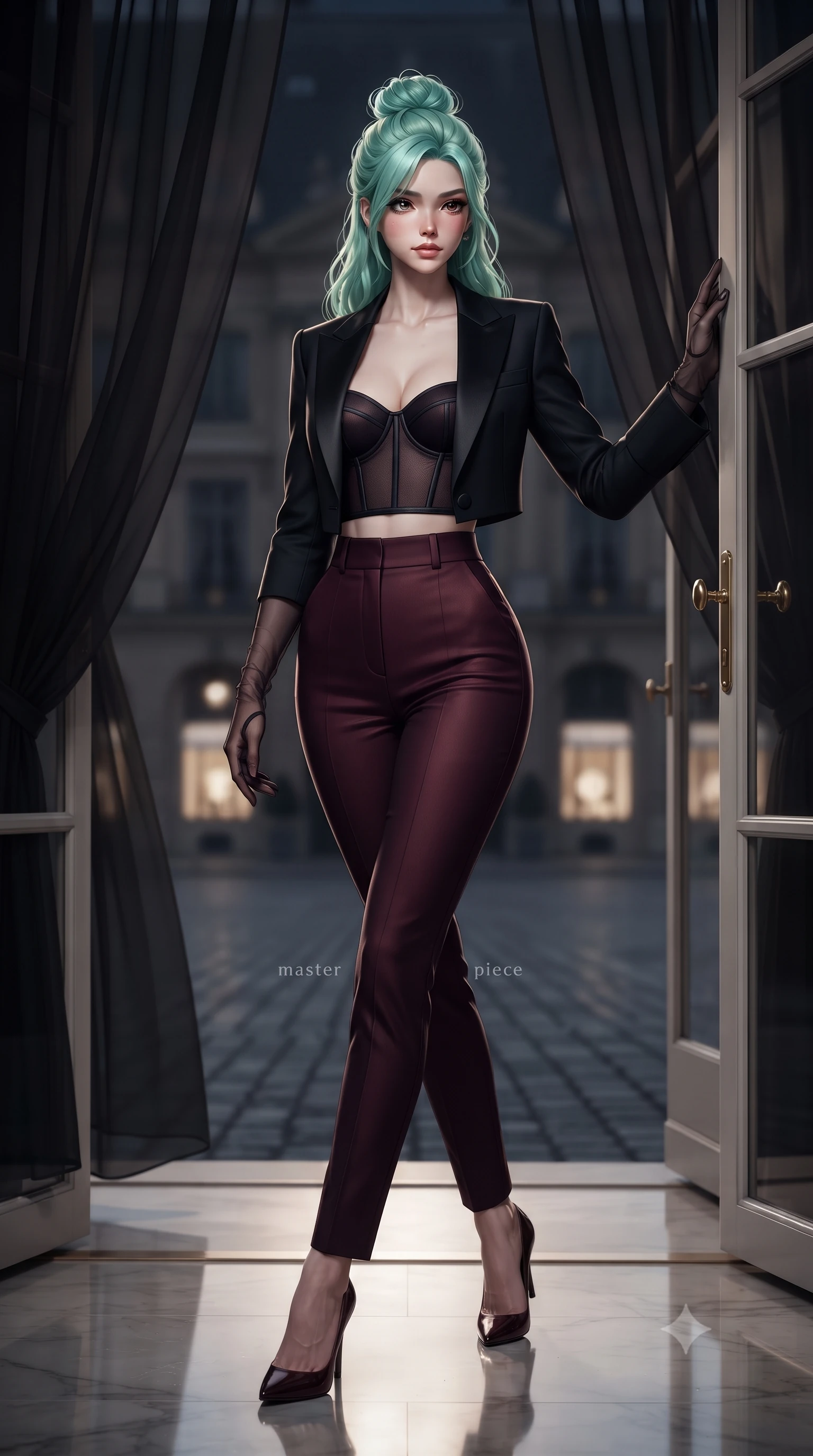 score_9, masterpiece, best quality, ultra-detailed, high-budget anime keyframe, editorial fashion photography, tasteful artistic composition, Japanese woman. low angle full-body shot from head to toe showing her feet, filling the entire 9:16 vertical frame with her statuesque presence, stretching her vertical silhouette. striding forward gracefully across the reflective floor with sovereign supermodel poise, hips swaying in an alluring kinetic rhythm that accentuates her curvy hourglass silhouette and long slender legs while leaning against the French double glass doors with hips cocked back, casting an alluring bedroom-gaze past billowing sheer black curtains. The composition keeps background elements in soft focus with dreamy creamy bokeh. the historic square's quiet midnight cobblestones and luxury jewelry salon windows softened in romantic Parisian shallow focus. She has an exceptionally tall and slender model-like 8.5-heads proportion, an ultra-slim waist, a flat toned midriff, narrow delicate ribcage, and beautifully sculpted feminine hips creating a graceful, slim hourglass silhouette without any bulky heaviness, with impossibly long slender legs. sharp v-shaped jawline, high-bridge nose, intricate jewel-like dark sparkling eyes with dangerous depth, thick curled eyelashes, glossy parted lips with a rich wine sheen, smoldering seductive half-smile with bedroom-eyes, exuding effortless superiority and intoxicating dark allure, flawlessly proportioned anatomical accuracy, strict slender model proportions, natural body alignment, perfectly sculpted long slender limbs, ultra-slim waistline, clean dynamic posture without body distortion. wearing a tailored cropped midnight-black tuxedo blazer worn over a structured bustier top and high-waisted cigarette trousers in deep wine burgundy and lustrous obsidian, made of semi-opaque dark contouring mesh clinging like a second skin, complemented by sheer dark opera gloves reaching past her elbows, the precision-cut side openings and low-back scoop framing her graceful spine and the sensual sweep of her slim, toned hips. illuminated by crisp champagne gold rim lighting sharply sculpting her sculpted clavicle, ultra-slim waistline, and curvy hips. ultra-reflective glossy finish, specular highlights, rich textural contrasts, high-contrast stereoscopic depth, volumetric dynamic lighting, 2k, ultra detail, master piece, 9:16 ratio