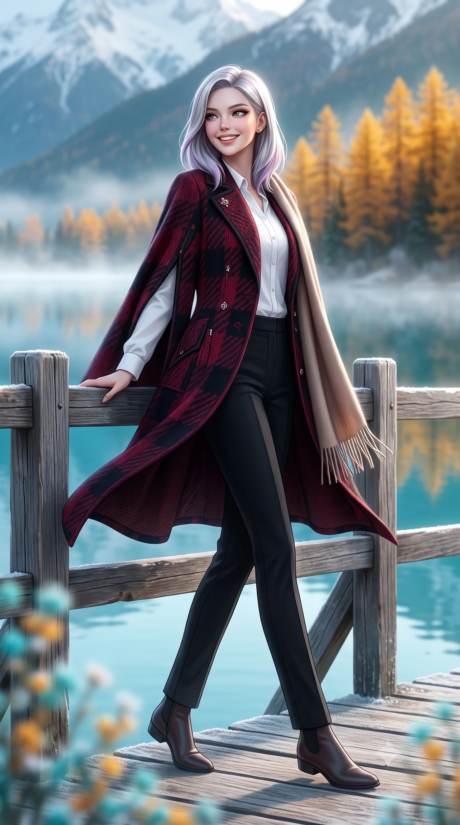 score_9, masterpiece, best quality, ultra-detailed, high-budget anime keyframe, semi-realistic 3D game render, editorial fashion photography, tasteful artistic composition, Caucasian woman. low angle full-body shot from head to toe showing her feet, filling the entire 9:16 vertical frame with her statuesque presence, stretching her vertical silhouette. stepping forward gracefully in mid-motion with a radiant beaming smile, her long tailored coat fluttering around her slender legs while leaning against the rustic timber pier railing, watching mist dance across the lake surface with tranquil poetic charm. The background shows a soft-focus mirror-like turquoise lake reflecting snow peaks, blazing golden needle larch trees, and early morning shoreline frost blurred into turquoise, marigold, and frost white bokeh. She has an exceptionally tall and slender model-like 8.5-heads proportion, an ultra-slim waist, a flat toned midriff, narrow delicate ribcage, and beautifully sculpted feminine hips creating a graceful, slim hourglass silhouette without any bulky heaviness, with impossibly long slender legs. sharp v-shaped jawline, high-bridge nose, intricate jewel-like sparkling eyes with depth, thick eyelashes, glossy parted lips with a natural peach sheen, bright cheerful beaming smile with an enchanting and coquettish sensual glint, exuding both youthful cute charm and seductive allure, flawlessly proportioned anatomical accuracy, strict slender model proportions, natural body alignment, perfectly sculpted long slender limbs, ultra-slim waistline, clean dynamic posture without body distortion. wearing an elegant tailored cape coat in brushed wool worn over a crisp white cotton shirt and tailored cigarette pants in Kyoto autumn maple crimson and deep ink black, woven from plush alpaca yarn with a cloud-like fuzzy texture and soft halo, accented with a wide brushed cashmere fringe scarf draped elegantly over one shoulder, the streamlined silhouette following her natural slender proportions with sophisticated poise, enhancing her tall willowy presence. illuminated by frosted ground bounce and sharp crystalline rim lights defining her features, narrow waist, and statuesque height. highly saturated vibrant anime colors, detailed shading with soft gradients, rich glossy textures, high-contrast stereoscopic depth, volumetric dynamic lighting, master piece, 9:16 ratio