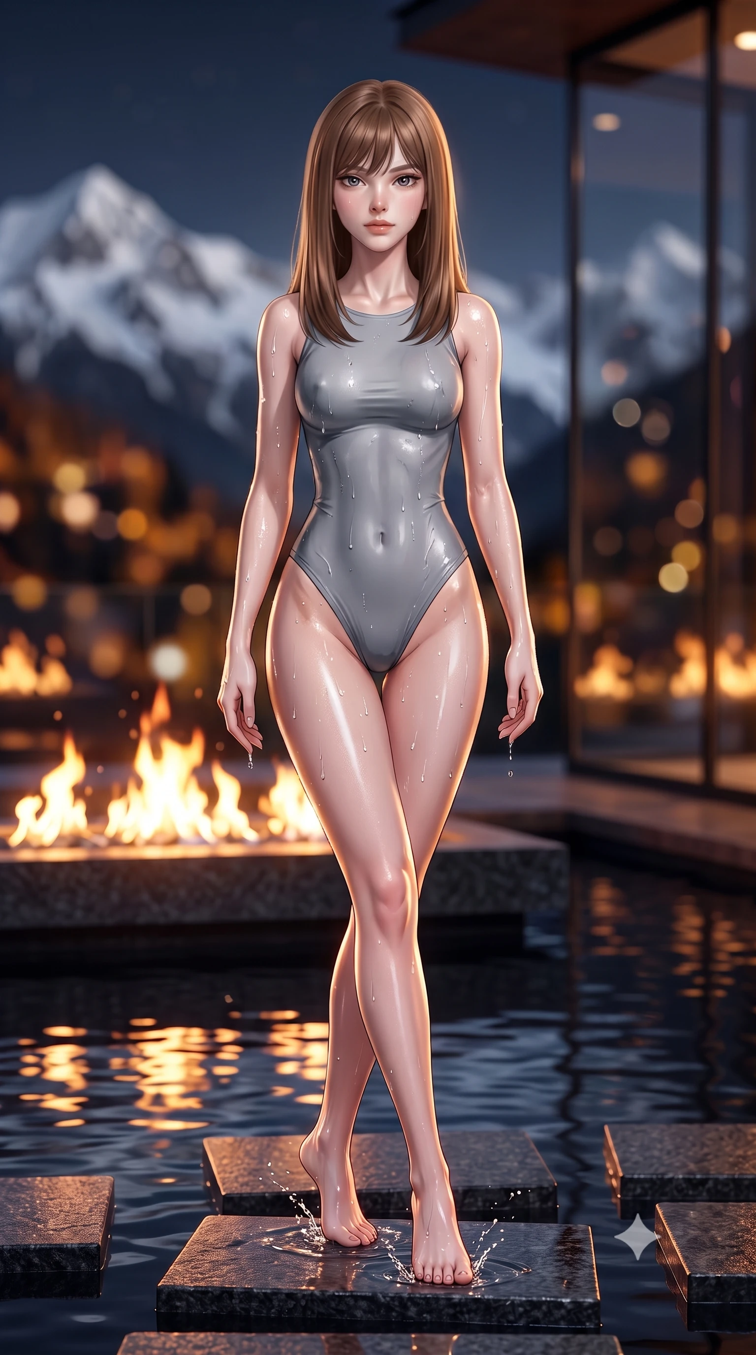 score_9, masterpiece, best quality, ultra-detailed, high-budget anime keyframe, semi-realistic 3D game render, editorial fashion photography, tasteful artistic composition, Korean woman. low angle full-body shot from head to toe showing her feet, filling the entire 9:16 vertical frame with her statuesque presence, stretching her vertical silhouette. walking along the terrace with poise, looking back over her bare shoulder with an irresistible smoldering bedroom-gaze while sitting gracefully on the cedar walkway threshold with legs extended, holding a modern ceramic tea cup with an alluring, parted-lip smile. The surrounding environment is rendered in vivid detail and crisp panoramic clarity: sharp textured green bamboo joint rings, mossy stone lantern carving, and clear glass walkway joints in deep focus. She has an absolutely perfect, statuesque 8.5-heads proportion, an exceptionally tall and slender model-like female figure with impossibly long slender legs, an ultra-slim waist, a flat toned midriff, narrow delicate ribcage, and beautifully sculpted feminine hips creating a graceful, slim hourglass silhouette without any bulky heaviness. sharp v-shaped jawline, high-bridge nose, sparkling eyes with hypnotic seductive depth, thick curled eyelashes, glossy parted lips with a natural dewy peach sheen, alluring bedroom-eyes with an enchanting coquettish smile, exuding magnetic siren charisma and sophisticated glamour, flawlessly proportioned anatomical accuracy, strict slender model proportions, natural body alignment, perfectly sculpted long slender limbs, ultra-slim waistline, clean dynamic posture without body distortion. wearing a plunge-neck stretch velvet romper with scalloped eyelash-lace hems and a cinched waist ribbon in Ubud rainforest teal and sunset copper, made of delicate semi-sheer French Chantilly lace with intricate eyelash edges, accented with a dainty gold belly chain resting across her flat midriff and curving hips, the liquid-tight tailored fabric clinging flawlessly to her narrow waist and rounded feminine hips, emphasizing every millimeter of her sculpted slim hourglass curves without any bulky heaviness. bathed in soft 2700K warm upward spotlights illuminating the bamboo bases combined with cool silver moonbeams filtering through the canopy. highly saturated vibrant anime colors, detailed shading with soft gradients, rich glossy textures, high-contrast stereoscopic depth, volumetric dynamic lighting, master piece, 9:16 ratio