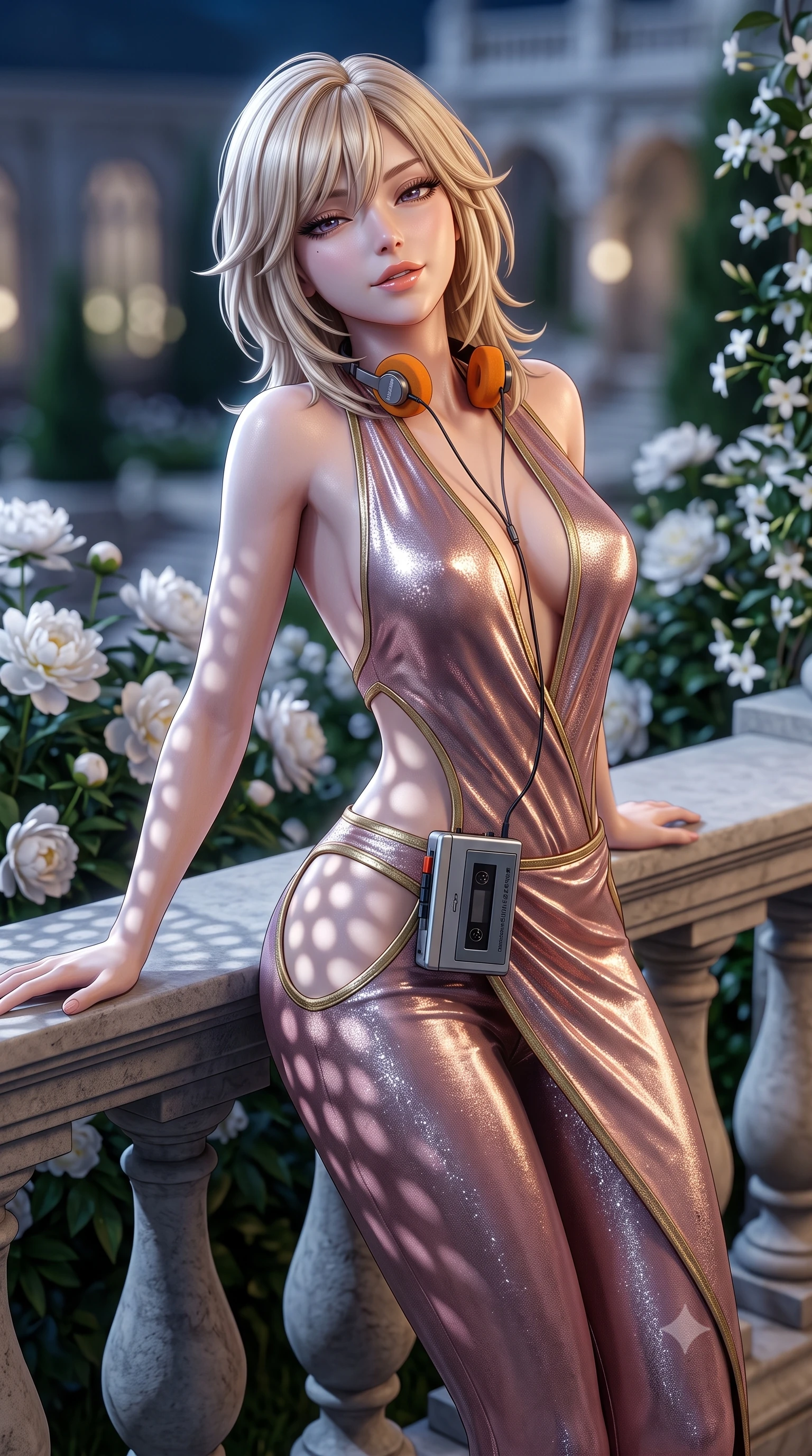 score_9, masterpiece, best quality, ultra-detailed, high-budget anime keyframe, semi-realistic 3D game render, editorial fashion photography, tasteful artistic composition, Japanese woman. close-up cowboy shot from the waist and thighs up, the character dominates the composition, filling the frame with her large presence. leaning back against the balustrade with relaxed seductive grace, head tilted back slightly while casting a hypnotic, heavy-lidded gaze while twisting her slender torso in an alluring S-curve, midnight moonlight casting geometric circular shadows over her waist and hips. The background shows a soft-focus clusters of night-blooming white peonies, climbing jasmine, and distant palace courtyards blurred into cream, emerald, and silver bokeh. She has an exceptionally elegant, slender, and willowy female figure with an ultra-slim waist, flat toned midriff, narrow ribcage, and sculpted feminine hips creating an alluring, slim hourglass silhouette without bulk. sharp v-shaped jawline, high-bridge nose, sparkling eyes with hypnotic seductive depth, thick curled eyelashes, glossy parted lips with a natural dewy peach sheen, alluring bedroom-eyes with an enchanting coquettish smile, exuding magnetic siren charisma and sophisticated glamour, flawlessly proportioned anatomical accuracy, strict slender model proportions, natural body alignment, perfectly sculpted long slender limbs, ultra-slim waistline, clean dynamic posture without body distortion. wearing a liquid metallic lamé plunge halterneck jumpsuit clinging like a second skin with high-cut side hip cutouts in dusky blush rose and antique gold trims, woven from stretch metallic lurex jersey casting radiant starlight glints across her silhouette, complemented by a retro cassette walkman with vintage foam-padded orange headphones, the high-slit wrap tailoring accentuating her ultra-slim waistline and the enchanting curve of her feminine hips with alluring seductive charm. illuminated by stone bounce fill and sharp platinum rim lights defining her collarbones, narrow waist, and curvy hips. highly saturated vibrant anime colors, detailed shading with soft gradients, rich glossy textures, high-contrast stereoscopic depth, volumetric dynamic lighting, master piece, 9:16 ratio
