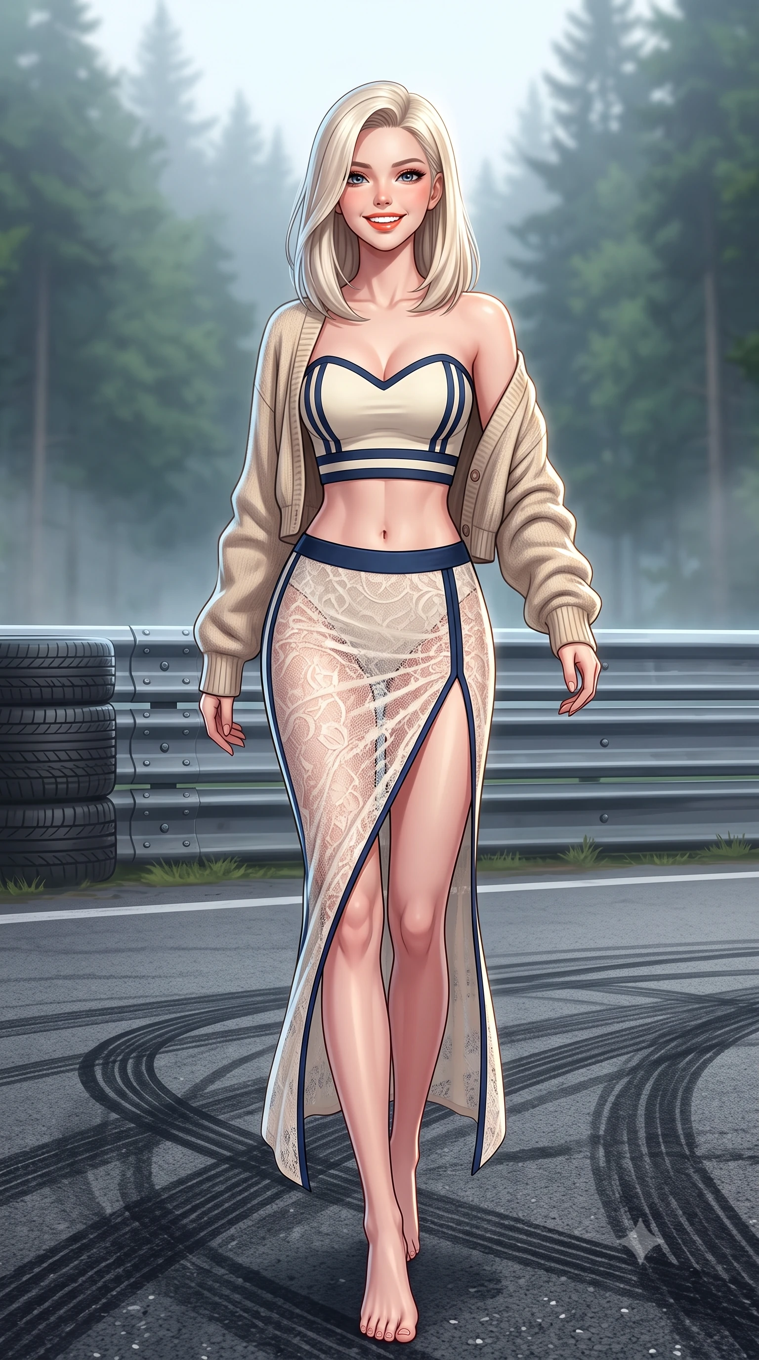 score_9, masterpiece, best quality, ultra-detailed, high-budget anime keyframe, semi-realistic 3D game render, editorial fashion photography, tasteful artistic composition, Caucasian woman. low angle full-body shot from head to toe showing her feet, filling the entire 9:16 vertical frame with her statuesque presence, stretching her vertical silhouette. stepping forward gracefully across the paddock tarmac in mid-motion with a radiant beaming smile, hips swaying in an alluring kinetic rhythm that accentuates her curvy hourglass silhouette and long slender legs while lounging in a heated team hospitality booth with one knee drawn up, her sleek racing outfit commanding the misty Belgian forest circuit. The surrounding environment is rendered in vivid detail and crisp panoramic clarity: sharp rubber skid mark patterns on tarmac, tire stack texture, and steel safety barrier rivets in deep focus. She has an absolutely perfect, statuesque 8.5-heads proportion, an exceptionally tall and slender model-like female figure with impossibly long slender legs, an ultra-slim waist, a flat toned midriff, narrow delicate ribcage, and beautifully sculpted feminine hips creating a graceful, slim hourglass silhouette without any bulky heaviness. sharp v-shaped jawline, high-bridge nose, sparkling eyes with athletic focus and depth, thick curled eyelashes, glossy parted lips with a natural coral-peach sheen, bright confident and coquettish smile with alluring bedroom-eyes, exuding both youthful sporty vigor and sovereign high-society glamour, flawlessly proportioned anatomical accuracy, strict slender model proportions, natural body alignment, perfectly sculpted long slender limbs, ultra-slim waistline, clean dynamic posture without body distortion. wearing a sweetheart-neckline athletic tennis bustier top paired with a curve-hugging high-slit track maxi skirt in retro tennis cream and navy blue stripes, crafted from sheer delicate stretch lace reinforced with technical sport threads, complemented by an oversized cashmere knit cardigan slipping off one bare shoulder, the glove-like aerodynamic silhouette tightly following the natural contour of her hips and long slender legs with youthful 8.5-heads elegance. illuminated by track reflections and sharp crystalline rim lights carving her razor-sharp jawline, narrow waist, and curvy hips. highly saturated vibrant anime colors, detailed shading with soft gradients, rich glossy textures, high-contrast stereoscopic depth, volumetric dynamic lighting, master piece, 9:16 ratio