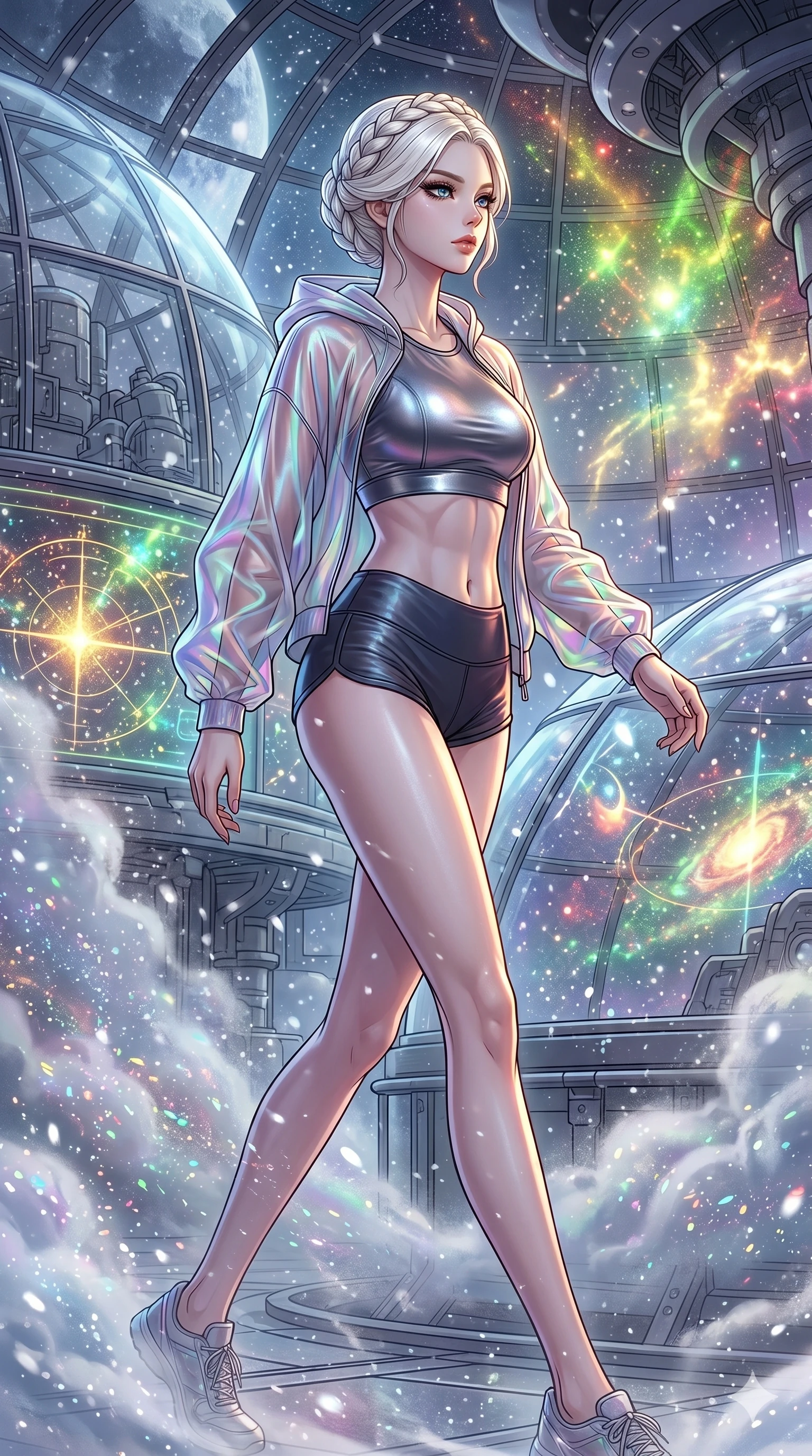 score_9, masterpiece, best quality, ultra-detailed, high-budget anime movie keyframe, cinematic anime lighting, intricate line art, Korean woman. Medium shot of upper body capturing the intricate details of her high-fashion attire. walking through a blizzard in a lunar observatory in a mist of stardust. She has an absolutely perfect 8-heads proportion, an exceptionally tall and slender female figure with an ultra-slim waist and impossibly long slender legs. sharp v-shaped jawline, high-bridge nose, intricate jewel-like eyes, thick eyelashes, glossy lips. Wearing premium athleisure set with a metallic-finish compression top, high-cut yoga shorts that accentuate her long legs, and a sheer oversized hoodie. The scene is illuminated by dramatic atmospheric lighting and vibrant color palettes. , 2k, ultra detail, master piece, 9:16 ratio