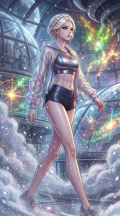 score_9, masterpiece, best quality, ultra-detailed, high-budget anime movie keyframe, cinematic anime lighting, intricate line art, Korean woman. Medium shot of upper body capturing the intricate details of her high-fashion attire. walking through a 