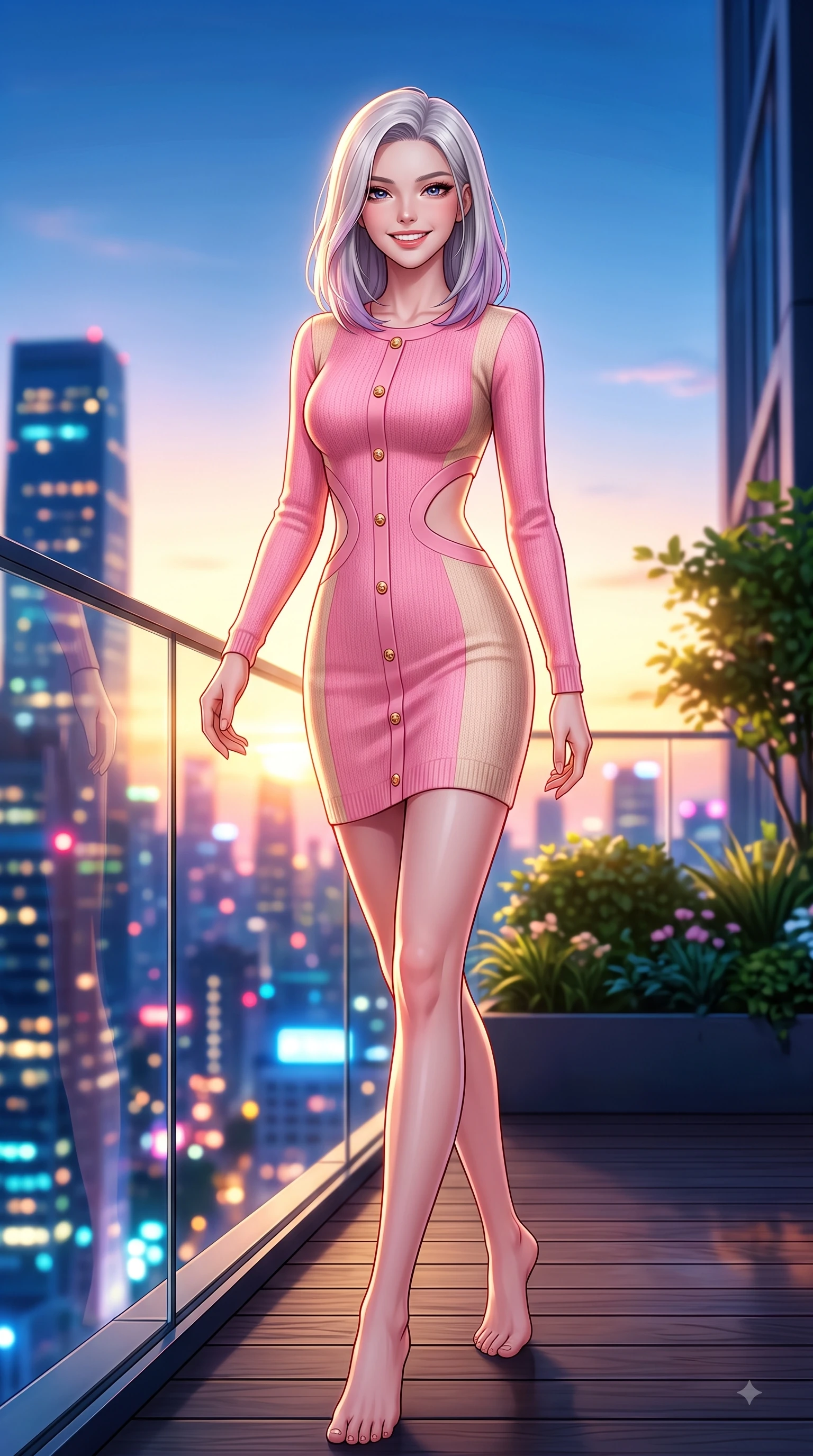 score_9, masterpiece, best quality, ultra-detailed, high-budget anime keyframe, editorial fashion photography, tasteful artistic composition, Caucasian woman. low angle full-body shot from head to toe showing her feet, filling the entire 9:16 vertical frame with her statuesque presence, stretching her vertical silhouette. walking forward in a proud dynamic stride with a cheerful beaming smile, her vertical silhouette filling the frame while pivoting dynamically near a glass railing with city skyscraper outlines behind her. The composition keeps background elements in soft focus with dreamy bokeh. rooftop deck glass railings and terrace greenery softened in smooth shallow focus. She has an absolutely perfect, statuesque 8.5-heads proportion, an exceptionally tall and slender model-like female figure with impossibly long slender legs and an ultra-slim waist. sharp v-shaped jawline, high-bridge nose, intricate jewel-like eyes with depth, thick eyelashes, glossy lips with a natural sheen, flawlessly proportioned anatomical accuracy, natural body alignment, perfectly sculpted elegant limbs, clean dynamic posture without body distortion. wearing a form-contouring bodycon dress featuring subtle strategic side waist cutouts in bright cherry blossom pink and champagne, knitted from soft cozy cashmere yarn, adorned with delicate gold buttons along the front, the form-contouring material highlighting her ultra-slim waist and long lines. bathed in dramatic golden hour sunset glow and vibrant urban night lights. highly saturated vibrant anime colors, detailed shading with soft gradients, rich glossy textures, high-contrast stereoscopic depth, volumetric dynamic lighting, master piece, 9:16 ratio