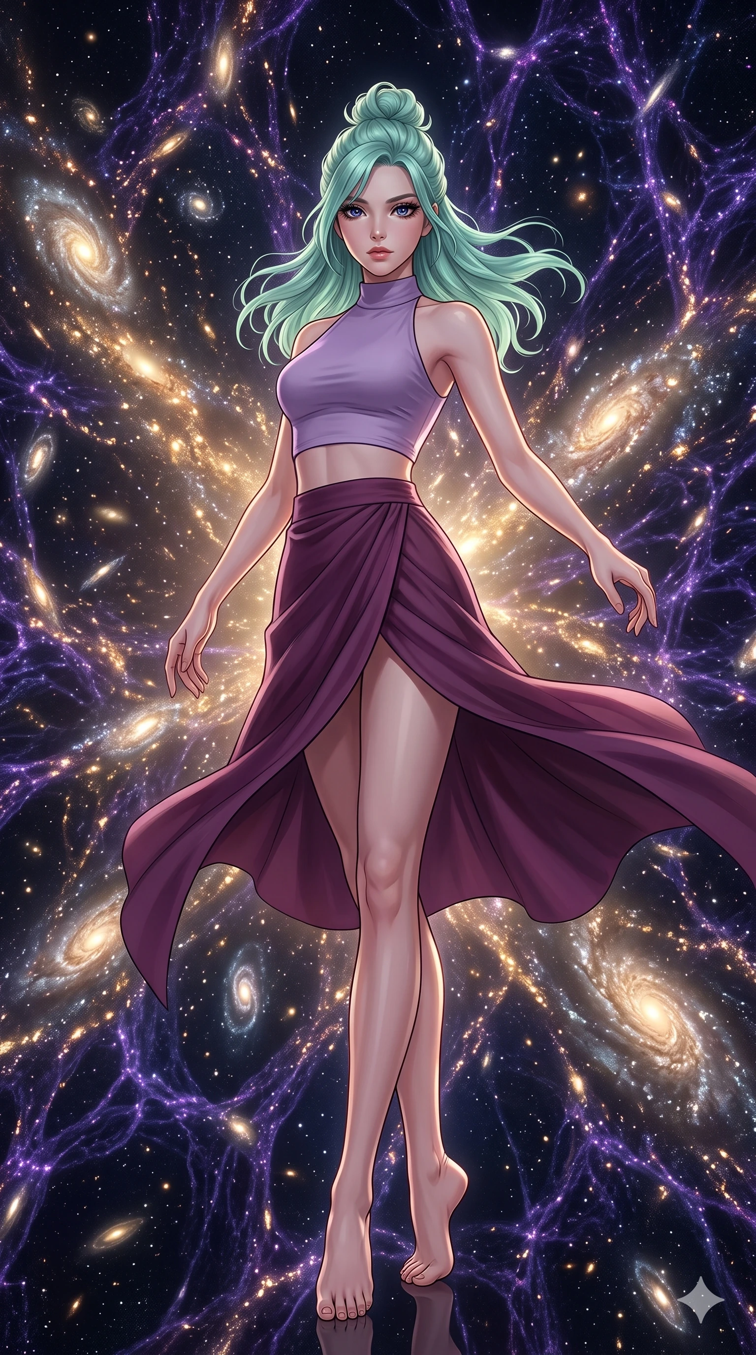score_9, masterpiece, best quality, ultra-detailed, high-budget anime keyframe, editorial fashion photography, tasteful artistic composition, Japanese woman. low angle full-body shot from head to toe showing her feet, filling the entire 9:16 vertical frame with her statuesque presence, stretching her vertical silhouette. twirling with balletic elegance inside at the grand intersection point of cosmic web filaments where streams of thousands of galaxies flow in luminous rivers along dark matter scaffolding the largest structure in the universe made visible. She has a statuesque 8.5-heads proportion, an exceptionally tall, slender and willowy model-like build with impossibly long legs and a highly sculpted ultra-slim waist. sharp v-shaped jawline, high-bridge nose, intricate jewel-like eyes with depth, thick eyelashes, glossy lips with a natural sheen. wearing a high-neck crop top in lavender, paired with a matching high-waisted wrap skirt in plum with a front slit. diffuse warm glow from millions of galaxies flowing along the cosmic web filaments in gold and white with dark matter framework creating subtle purple fluorescence. 2k, ultra detail, master piece, 9:16 ratio