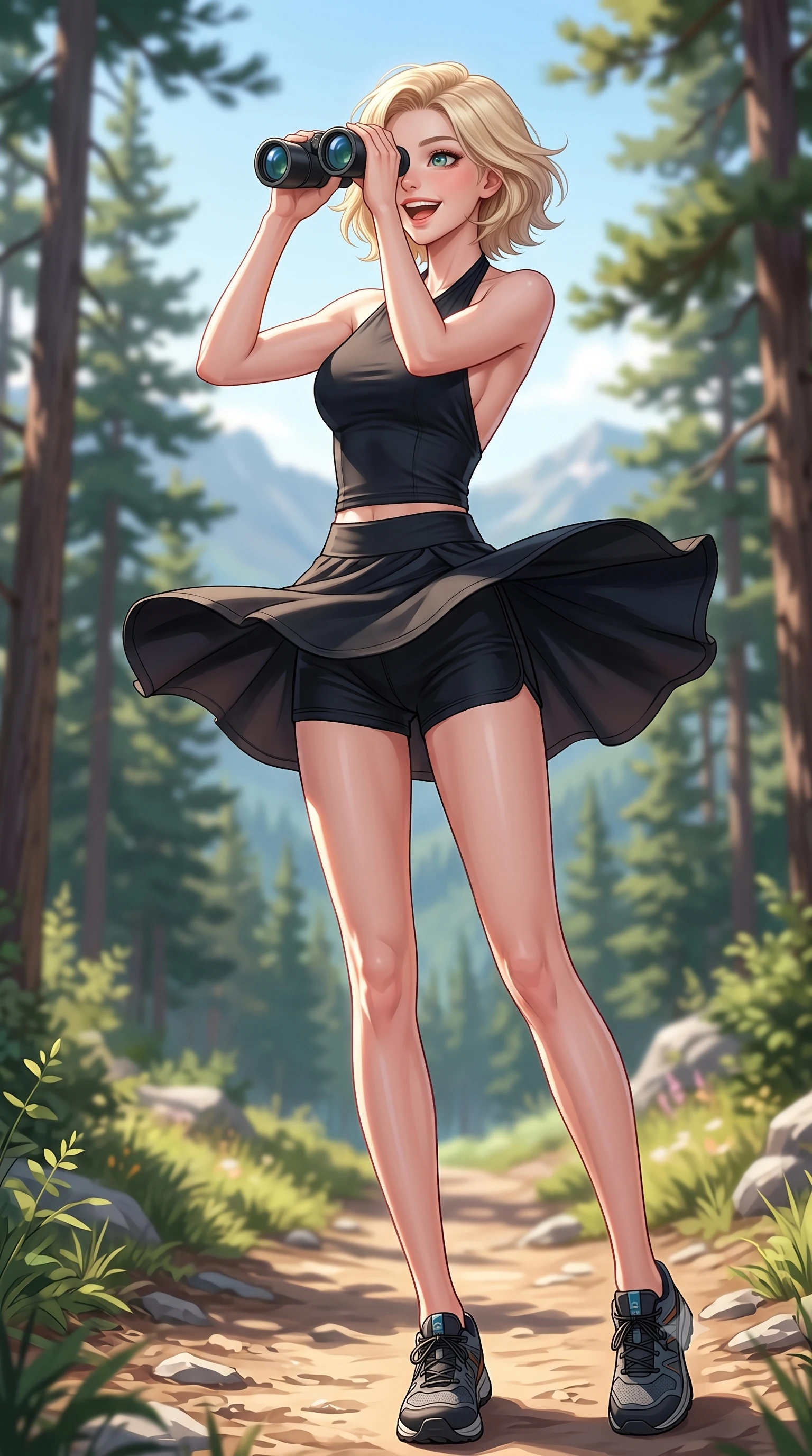 score_9, masterpiece, best quality, ultra-detailed, high-budget anime keyframe, editorial fashion photography, tasteful artistic composition, Caucasian woman. low angle full-body shot from head to toe showing her feet, filling the entire 9:16 vertical frame with her statuesque presence, stretching her vertical silhouette. twirling around with a playful, cute laugh, her skirt billowing beautifully in the air set against a soft-focus background of along a scenic hiking trail winding through a pine forest with mountain views looking through a pair of binoculars with a happy, excited expression. She has an absolutely perfect, statuesque 8.5-heads proportion, an exceptionally tall and slender model-like female figure with impossibly long slender legs and an ultra-slim waist. sharp v-shaped jawline, high-bridge nose, intricate jewel-like eyes with depth, thick eyelashes, glossy lips with a natural sheen. wearing tailored backless activewear halter top in black, paired with sporty shorts. crisp midday sunlight creating clean, sharp contours on her active outfit. highly saturated vibrant anime colors, detailed shading with soft gradients, rich glossy textures, high-contrast stereoscopic depth, volumetric dynamic lighting, master piece, 9:16 ratio