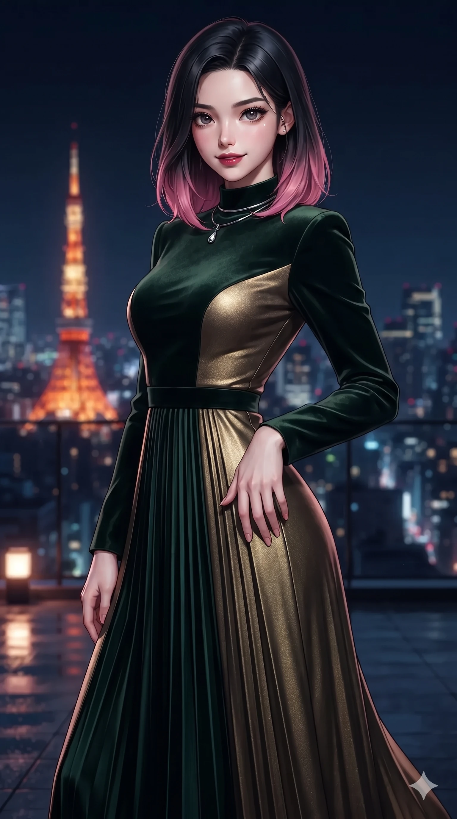 score_9, masterpiece, best quality, ultra-detailed, high-budget anime keyframe, editorial fashion photography, tasteful artistic composition, Korean woman. close-up cowboy shot from the waist and thighs up, the character dominates the composition, filling the frame with her large presence. tilting her head with a teasing half-smile, running one hand slowly down the side of her hip in a flirtatious S-curve as ambient neon caresses her silhouette while twisting her slender torso in an alluring contrapposto stance, night breezes fluttering her gown and tracing her narrow waist and curvy hips. The background shows a soft-focus panoramic Tokyo skyline at midnight softened in penthouse rooftop shallow focus. She has an exceptionally elegant, slender, and willowy female figure with an ultra-slim waist, flat toned midriff, narrow ribcage, and sculpted feminine hips creating an alluring, slim hourglass silhouette without bulk. sharp v-shaped jawline, high-bridge nose, intricate jewel-like dark sparkling eyes with dangerous depth, thick curled eyelashes, glossy parted lips with a rich wine sheen, smoldering seductive half-smile with bedroom-eyes, exuding effortless superiority and intoxicating dark allure, flawlessly proportioned anatomical accuracy, strict slender model proportions, natural body alignment, perfectly sculpted long slender limbs, ultra-slim waistline, clean dynamic posture without body distortion. wearing a refined long-sleeve velvet evening gown with high neckline and fluid pleated column skirt in deep velvet forest green and antique brass, tailored from fine lightweight midnight wool crepe with crisp architectural structure, finished with a minimalist chrome choker and a single teardrop pendant, the impeccably tailored cut draping gracefully along her slender figure with aristocratic noir poise. bathed in the warm radiant scarlet and orange glow of Tokyo Tower contrasted with deep midnight navy skies. ultra-reflective glossy finish, specular highlights, rich textural contrasts, high-contrast stereoscopic depth, volumetric dynamic lighting, 2k, ultra detail, master piece, 9:16 ratio