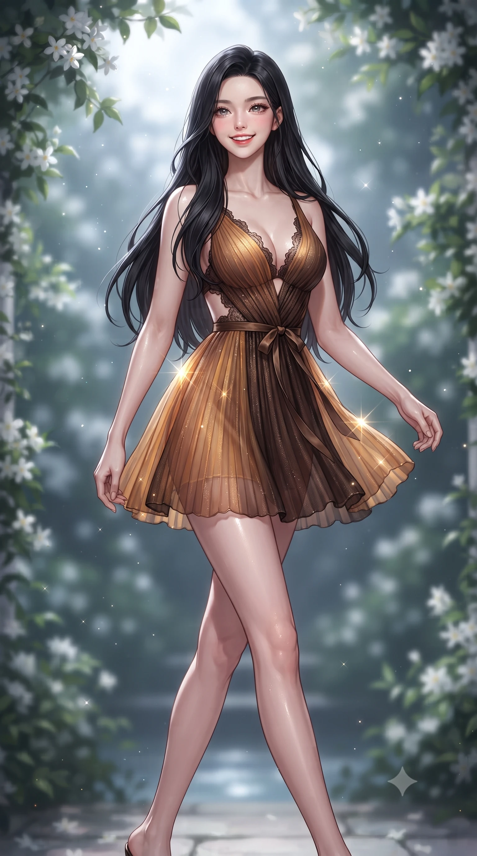 score_9, masterpiece, best quality, ultra-detailed, high-budget anime keyframe, editorial fashion photography, tasteful artistic composition, Korean woman. low angle full-body shot from head to toe showing her feet, filling the entire 9:16 vertical frame with her statuesque presence, stretching her vertical silhouette. stepping forward in a confident stride, her long slender legs and curvaceous hips creating a dynamic, sweeping vertical line while twisting her slender torso in an alluring S-curve beside blooming night-blooming jasmine, moonbeams tracing her dewy skin and curves. The background shows a soft-focus climbing jasmine vines softened in secluded lagoon garden romance shallow focus. She has an exceptionally tall and slender model-like 8.5-heads proportion, an ultra-slim waist, a flat toned midriff, narrow delicate ribcage, and beautifully sculpted feminine hips creating a graceful, slim hourglass silhouette without any bulky heaviness, with impossibly long slender legs. sharp v-shaped jawline, high-bridge nose, intricate jewel-like sparkling eyes with depth, thick eyelashes, glossy parted lips with a natural peach sheen, bright cheerful beaming smile with an enchanting and coquettish sensual glint, exuding both youthful cute charm and seductive allure, flawlessly proportioned anatomical accuracy, strict slender model proportions, natural body alignment, perfectly sculpted long slender limbs, ultra-slim waistline, clean dynamic posture without body distortion. wearing a sheer pleated chiffon baby-doll dress with a plunging sweetheart neckline and satin ribbon waist tie in Hannam-dong glowing amber and rich dark espresso, woven from stretch metallic lurex jersey casting radiant starlight glints across her curves, finished with scalloped eyelash lace trim framing her sweetheart neckline with intimate elegance, the precision-cut side openings and low-back scoop framing her graceful spine and the sensual sweep of her slim, toned hips. bathed in the magical cool silver moonlight filtering through garden foliage mixed with warm lantern spill from palace windows. ultra-reflective glossy finish, specular highlights, rich textural contrasts, high-contrast stereoscopic depth, volumetric dynamic lighting, 2k, ultra detail, master piece, 9:16 ratio