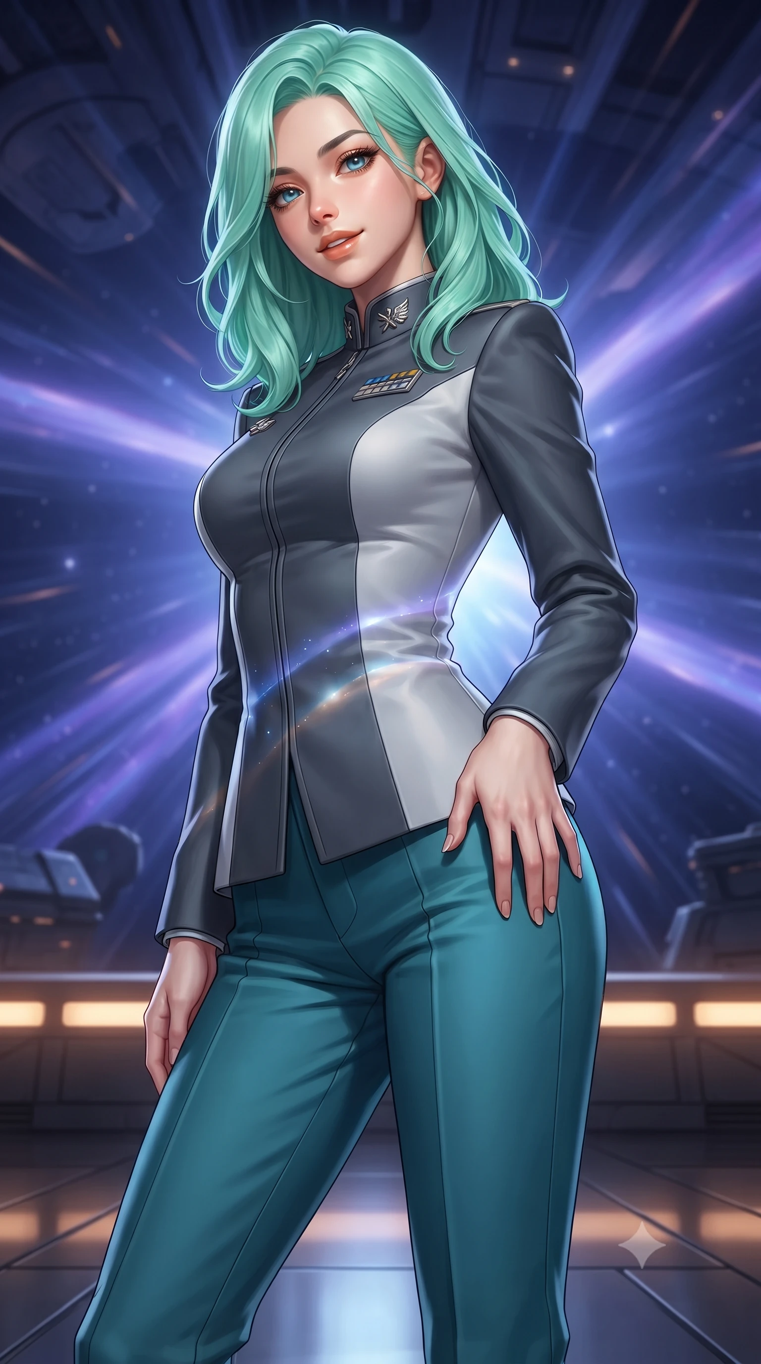 score_9, masterpiece, best quality, ultra-detailed, high-budget anime keyframe, editorial fashion photography, tasteful artistic composition, Japanese woman. close-up cowboy shot from the waist and thighs up, the character dominates the composition, filling the frame with her large presence. tilting her head with a teasing half-smile, running one hand slowly down the side of her hip in a flirtatious S-curve as ambient light caresses her silhouette while twisting her slender torso in an alluring S-curve, indigo warp field distortions and star nebulae casting celestial light ribbons across her flat midriff and hourglass curves. The surrounding environment is rendered in vivid detail and crisp panoramic clarity: detailed tactical gown tailoring, futuristic rank insignia, and monumental interstellar starship architecture in high resolution. She has an exceptionally elegant, slender, and willowy female figure with an ultra-slim waist, flat toned midriff, narrow ribcage, and sculpted feminine hips creating an alluring, slim hourglass silhouette without bulk. sharp v-shaped jawline, high-bridge nose, intricate jewel-like sparkling eyes with depth, thick eyelashes, glossy parted lips with a natural peach sheen, bright cheerful beaming smile with an enchanting and coquettish sensual glint, exuding both youthful cute charm and seductive allure, flawlessly proportioned anatomical accuracy, strict slender model proportions, natural body alignment, perfectly sculpted long slender limbs, ultra-slim waistline, clean dynamic posture without body distortion. wearing a tailored orbital colony command uniform in dark grey and white paneling with rank insignia pins and tailored straight-leg trousers in Europa abyssal turquoise and ice-shelf diamond, crafted from bespoke double-faced cashmere with an exceptionally soft tactile finish, complemented by strappy stiletto sandals with metallic ankle wraps accentuating her slender calves, the impeccably tailored cut draping gracefully along her slender figure with aristocratic poise. bathed in the mystical indigo luminescence of the hyperspace gate mixed with warm 2800K balcony edge lighting. ultra-reflective glossy finish, specular highlights, rich textural contrasts, high-contrast stereoscopic depth, volumetric dynamic lighting, 2k, ultra detail, master piece, 9:16 ratio