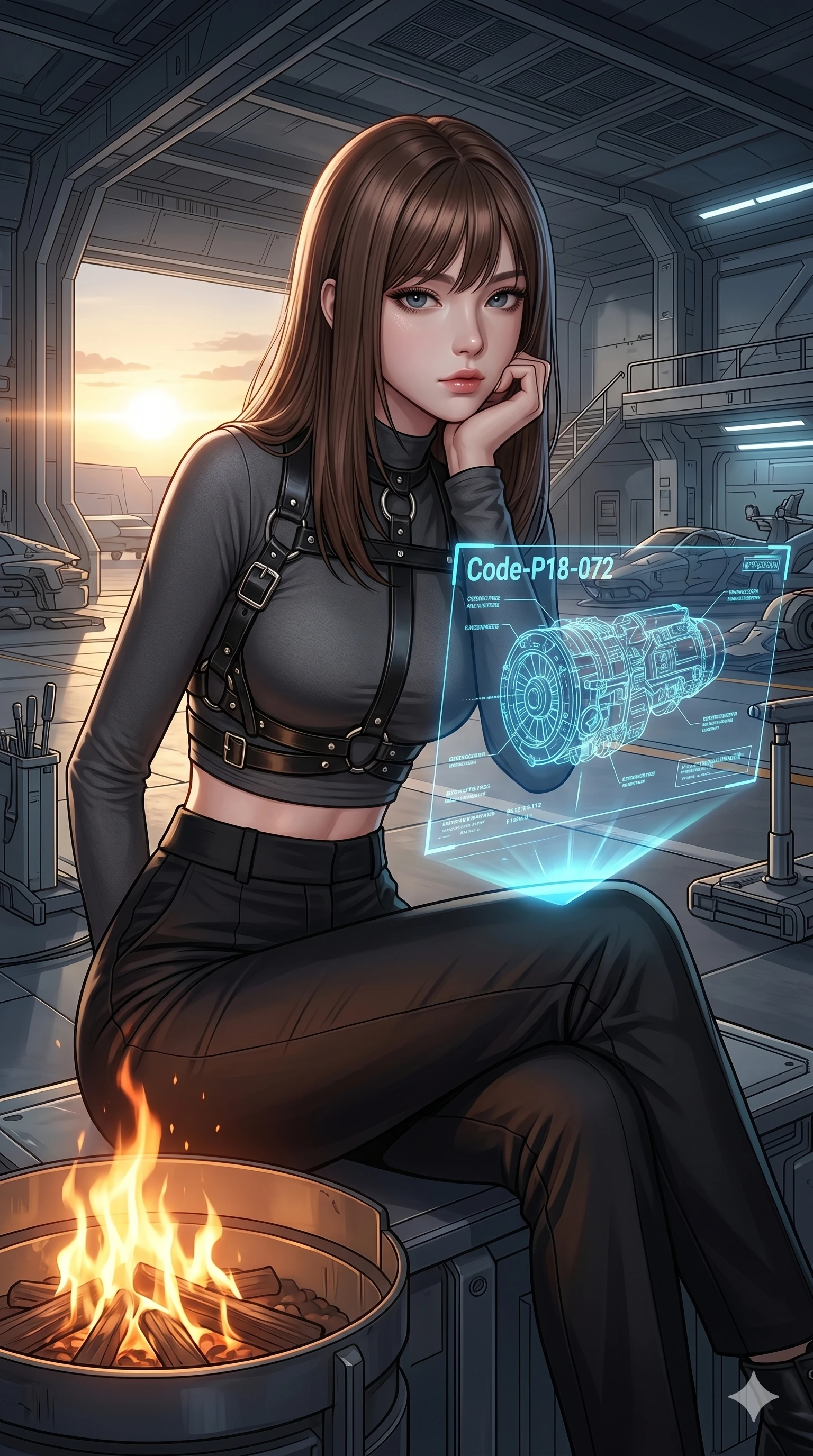 score_9, masterpiece, best quality, ultra-detailed, high-budget anime keyframe, editorial fashion photography, tasteful artistic composition, Korean woman. cowboy shot from the thighs up, character and outfit filling the frame for maximum editorial presence. sitting near the fire, resting her chin on her hand in a high-tech hangar bay with a holographic blueprint of a cybernetic engine (Code-P18-072). She has an absolutely perfect 8-heads proportion, an exceptionally tall and slender female figure with impossibly long slender legs and an ultra-slim waist. V-shaped jawline, high-bridge nose, intricate jewel-like eyes with depth, thick eyelashes, glossy lips with a natural sheen. wearing a high-fashion leather harness over a crop top and high-waist trousers. dramatic chiaroscuro lighting from the setting sun, accentuating her statuesque height. 2k, ultra detail, master piece, 9:16 ratio