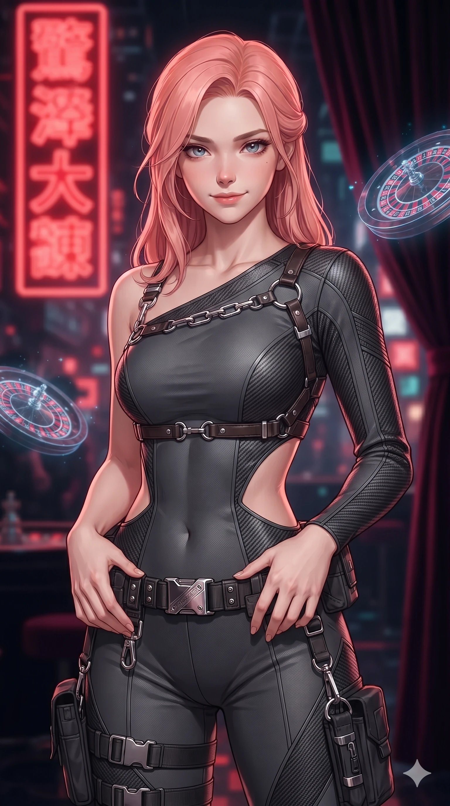 score_9, masterpiece, best quality, ultra-detailed, high-budget anime keyframe, editorial fashion photography, tasteful artistic composition, Japanese woman. close-up cowboy shot from the waist and thighs up, the character dominates the composition, filling the frame with her large presence. resting both hands lightly on her tactical utility belt, arching her spine to highlight her narrow waist, flat midriff, and breathtaking collarbones while turning slowly with an enchanting smoldering smile, her glossy hair tossing in the breeze as her hips angle gracefully beside the floating roulette wheel. The background shows a soft-focus massive vertical scarlet neon kanji signs, floating holographic roulette wheels, and plush velvet curtains blurred into deep scarlet, vermilion, and obsidian bokeh. She has an exceptionally elegant, slender, and willowy female figure with an ultra-slim waist, flat toned midriff, narrow ribcage, and sculpted feminine hips creating an alluring, slim hourglass silhouette without bulk. sharp v-shaped jawline, high-bridge nose, intricate jewel-like sparkling eyes with depth, thick eyelashes, glossy parted lips with a natural sheen, bright confident smile with an enchanting and coquettish sensual glint, exuding both youthful magnetic charm and sovereign high-tech allure, flawlessly proportioned anatomical accuracy, strict slender model proportions, natural body alignment, perfectly sculpted long slender limbs, ultra-slim waistline, clean dynamic posture without body distortion. wearing an asymmetric one-shoulder combat catsuit with carbon-weave paneling and an open-waist architecture emphasizing her hips in charcoal grey and polished chrome, woven from stretch metallic lurex jersey casting radiant starlight glints across her curves, accented with a chrome-drop body harness subtly framing her dewy collarbones and spine, the impeccably tailored cut draping gracefully along her slender figure with aristocratic poise. illuminated by glowing table surfaces and sharp scarlet rim lights carving her sculpted collarbones, ultra-slim waist, and curvy hips. ultra-reflective glossy finish, specular highlights, rich textural contrasts, high-contrast stereoscopic depth, volumetric dynamic lighting, 2k, ultra detail, master piece, 9:16 ratio