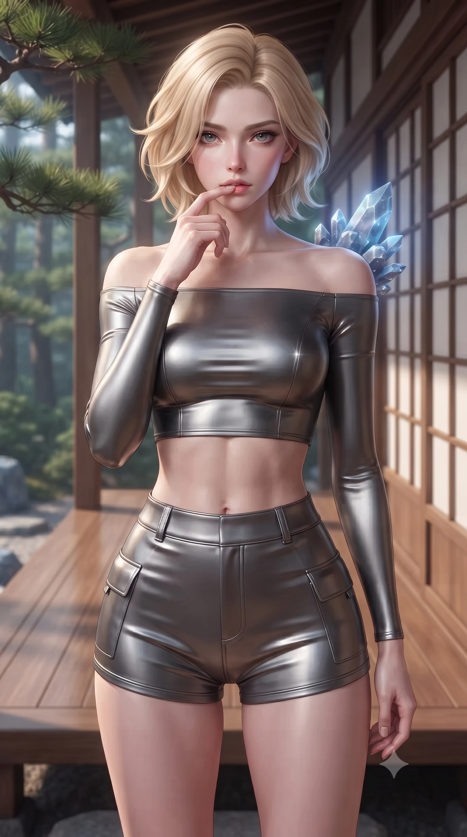 score_9, masterpiece, best quality, ultra-detailed, high-budget anime keyframe, editorial fashion photography, tasteful artistic composition, Caucasian woman. close-up cowboy shot from the waist and thighs up, the character dominates the composition, filling the frame with her large presence, background elements kept in soft focus. pressing one finger to her bottom lip in a thoughtful, composed gesture, locking eyes with the viewer, the background shows a soft-focus a pine forest veranda made of polished wood and sliding screen panels. She has an exceptionally elegant, slender, and willowy female figure with an ultra-slim waist, a gracefully sculpted slender torso, and a refined silhouette. sharp v-shaped jawline, high-bridge nose, intricate jewel-like eyes with depth, thick eyelashes, glossy lips with a natural sheen. wearing a form-contouring chic off-shoulder carbon-plate crop top, paired with high-waisted utility micro-shorts. soft blue light radiating from digital rocks onto her refined profile. ultra-reflective glossy finish, specular highlights, metallic sheen, high-contrast stereoscopic depth, volumetric dynamic lighting, 2k, ultra detail, master piece, 9:16 ratio