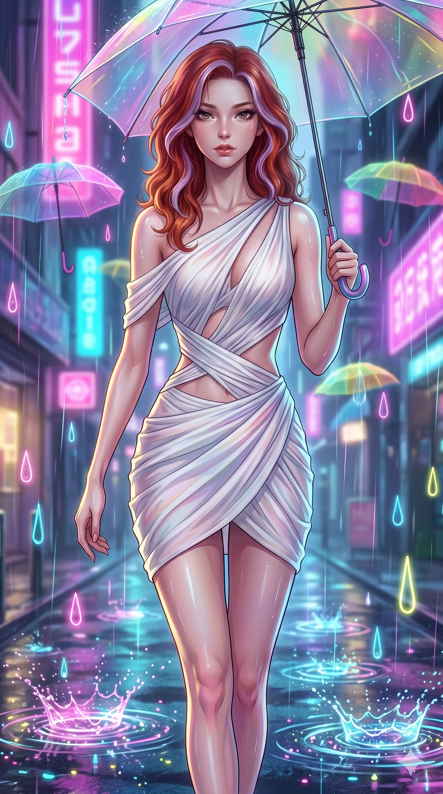 score_9, masterpiece, best quality, ultra-detailed, high-budget anime keyframe, Korean woman. upper body close-up from the thighs up, character filling the screen for maximum presence. navigating a wet neon-lit future street under colorful floating umbrellas as translucent neon raindrops fall, creating brilliant splash ripples. She has an absolutely perfect 8-heads proportion, an exceptionally tall and slender female figure with impossibly long slender legs and an ultra-slim waist. V-shaped jawline, high-bridge nose, intricate jewel-like eyes with depth, thick eyelashes, glossy lips with a natural sheen.. wearing an asymmetric chiffon draped couture mini dress, featuring draped white chiffon fabric twisting around her body with elegant diamond cutouts on the waist. lit by a soft glowing ambient light and a sharp side key light that traces the sleek contours of her athletic build. 2k, ultra detail, master piece, 9:16 ratio