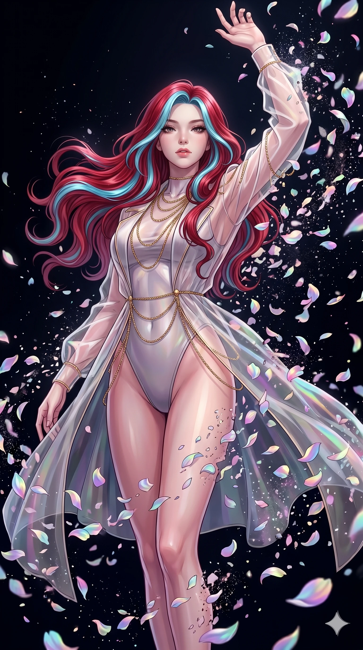 score_9, masterpiece, best quality, ultra-detailed, High-budget Anime Keyframe, East Asian woman. Low angle cowboy shot filling the entire 9:16 frame with her statuesque presence. Scenario 241: Dissolving into a cloud of iridescent silk petals in a void. Her presence is magnetic and overpowering in this high-budget anime scene. Outfit 241: A sheer organza dangerous with a high-cut leg line and fine gold chains. The clothing is designed to emphasize her exceptionally tall and slender 8-heads proportion. 8-heads proportion, towering silhouette, ultra-slim waist. sharp v-shaped jawline, intricate jewel-like eyes with depth, thick eyelashes, glossy lips. 2k, ultra detail, master piece, 9:16 ratio