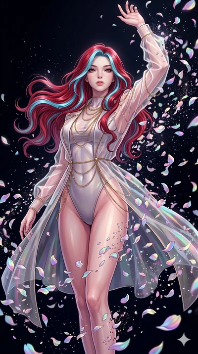 score_9, masterpiece, best quality, ultra-detailed, High-budget Anime Keyframe, East Asian woman. Low angle cowboy shot filling the entire 9:16 frame with her statuesque presence. Scenario 241: Dissolving into a cloud of iridescent silk petals in a v