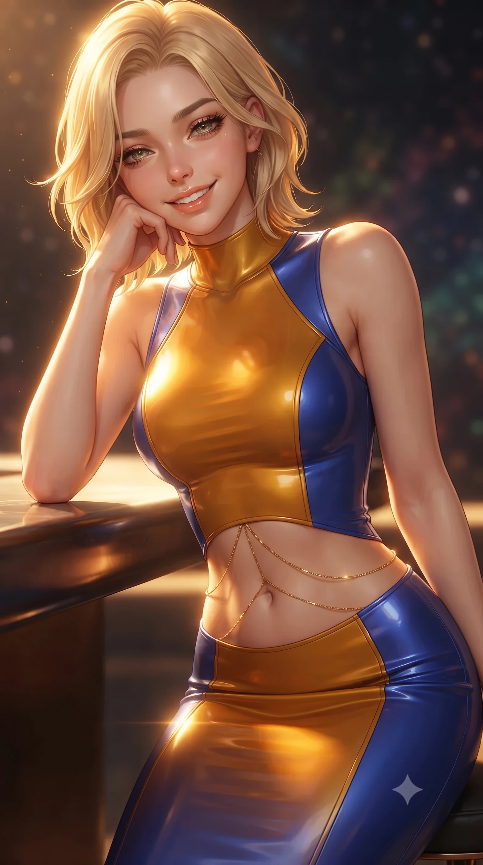 score_9, masterpiece, best quality, ultra-detailed, high-budget anime keyframe, editorial fashion photography, tasteful artistic composition, Caucasian woman. close-up cowboy shot from the waist and thighs up, the character dominates the composition, filling the frame with her large presence. resting one elbow on the table and supporting her chin, leaning close to the camera with heavy-lidded sparkling eyes and parted lips while twisting her slender torso in an alluring contrapposto stance, blinding solar flare coronas casting golden brilliance across her narrow waist and curvy hips. The background shows a soft-focus ambient atmospheric particulate glow softened in deep-space Dyson structure shallow focus. She has an exceptionally elegant, slender, and willowy female figure with an ultra-slim waist, flat toned midriff, narrow ribcage, and sculpted feminine hips creating an alluring, slim hourglass silhouette without bulk. sharp v-shaped jawline, high-bridge nose, intricate jewel-like sparkling eyes with depth, thick eyelashes, glossy parted lips with a natural peach sheen, bright cheerful beaming smile with an enchanting and coquettish sensual glint, exuding both youthful cute charm and seductive allure, flawlessly proportioned anatomical accuracy, strict slender model proportions, natural body alignment, perfectly sculpted long slender limbs, ultra-slim waistline, clean dynamic posture without body distortion. wearing a sculpted second-skin neoprene column gown with subtle architectural seam lines accentuating her curves in Jovian amber and electric storm cobalt, woven from buttery-soft stretch lambskin leather adhering to her body like a second skin, accented with a dainty gold belly chain resting across her flat midriff and curving hips, the liquid-tight tailored fabric clinging flawlessly to her narrow waist and rounded feminine hips, emphasizing every millimeter of her sculpted slim hourglass curves without any bulky heaviness. bathed in the blinding warm golden 4000K solar radiance filtered through polarizing quantum smart-glass. ultra-reflective glossy finish, specular highlights, rich textural contrasts, high-contrast stereoscopic depth, volumetric dynamic lighting, 2k, ultra detail, master piece, 9:16 ratio