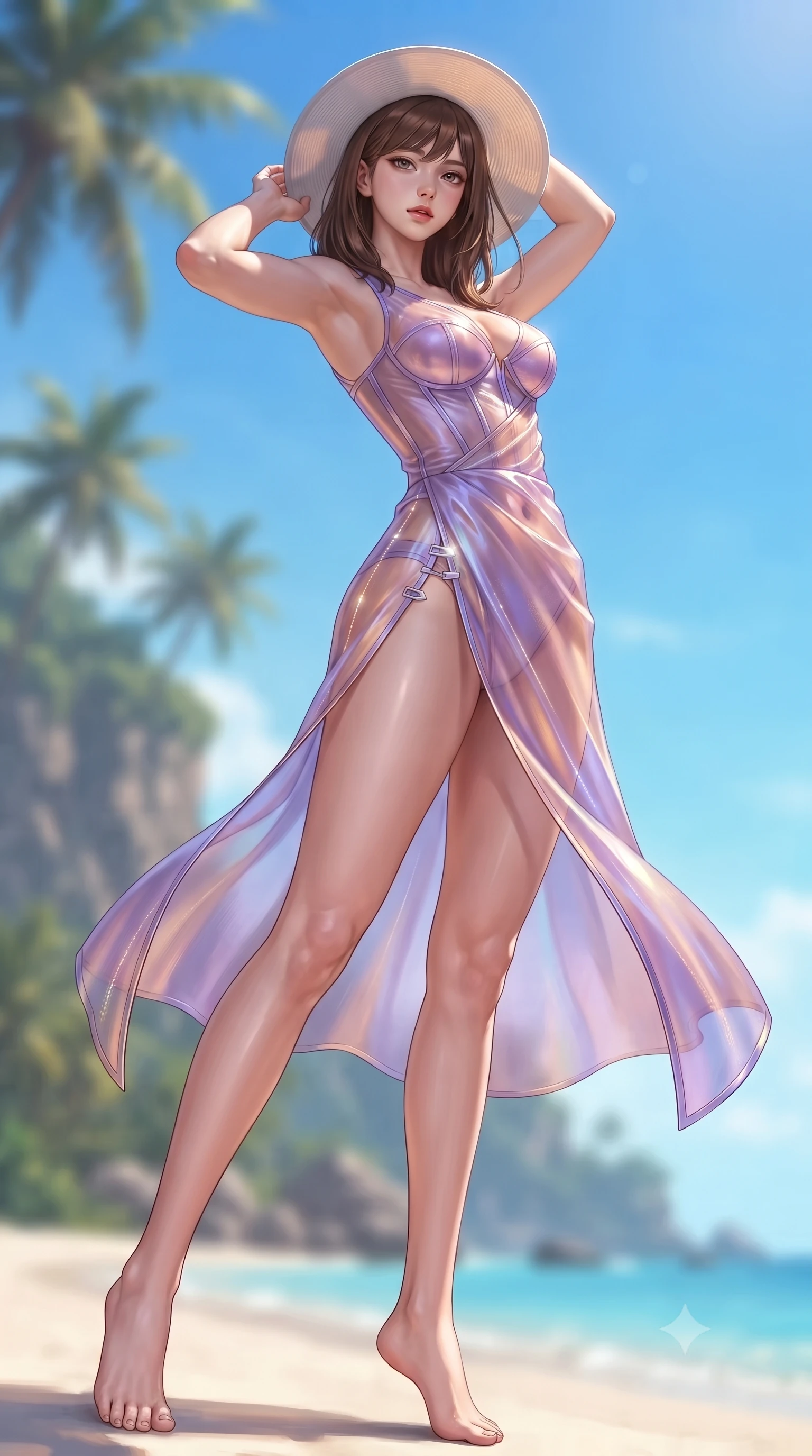 score_9, masterpiece, best quality, ultra-detailed, high-budget anime keyframe, editorial fashion photography, tasteful artistic composition, Korean woman. low angle full-body shot from head to toe showing her feet, filling the entire 9:16 vertical frame with her statuesque presence, stretching her vertical silhouette. arching her back in a fluid zero-gravity turn with sovereign grace, her long slender legs and sculpted torso creating a sweeping line while holding her sunhat lightly against a warm tropical ocean breeze while gazing into the camera with bedroom eyes. The composition keeps background elements in soft focus with creamy bokeh. distant palm-fringed cliffs and vibrant blue sky softened by shallow atmospheric focus. She has an absolutely perfect, statuesque 8.5-heads proportion, an exceptionally tall and slender model-like female figure with impossibly long slender legs, a toned flat midriff, and an ultra-slim waist. sharp v-shaped jawline, high-bridge nose, intricate jewel-like eyes with depth, thick eyelashes, glossy lips with a natural sheen, flawlessly proportioned anatomical accuracy, strict slender model proportions, natural body alignment, perfectly sculpted long slender limbs, ultra-slim waistline, clean dynamic posture without body distortion. wearing a translucent iridescent organza wrap dress with structured bustier boning, plunging neckline, and high-cut dual leg slits in luminous lavender violet and rose gold, tailored from semi-translucent cybernetic vinyl with glowing micro-filaments, finished with an ultra-high side slit secured by miniature magnetic clasps, the sleek second-skin cut tightly hugging her graceful clavicle, narrow waist, and feminine curves with athletic precision. surrounded by a fresh, sun-soaked, and breathtakingly sensual tropical paradise ambiance. ultra-reflective glossy finish, specular highlights, metallic sheen, high-contrast stereoscopic depth, volumetric dynamic lighting, 2k, ultra detail, master piece, 9:16 ratio